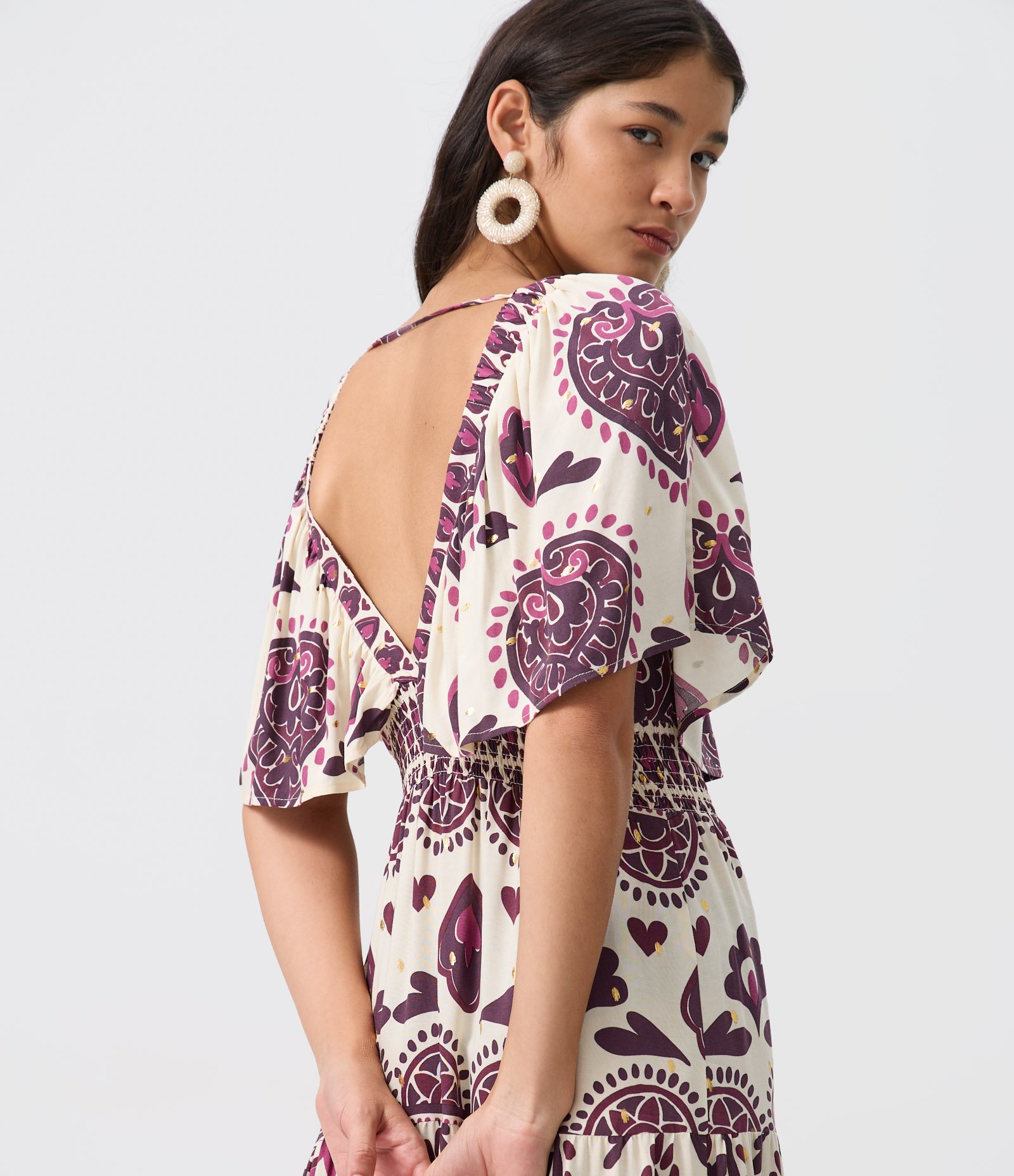 Vestido Midi em Viscose com Estampa Abstrata e Manga Ampla Off White 3