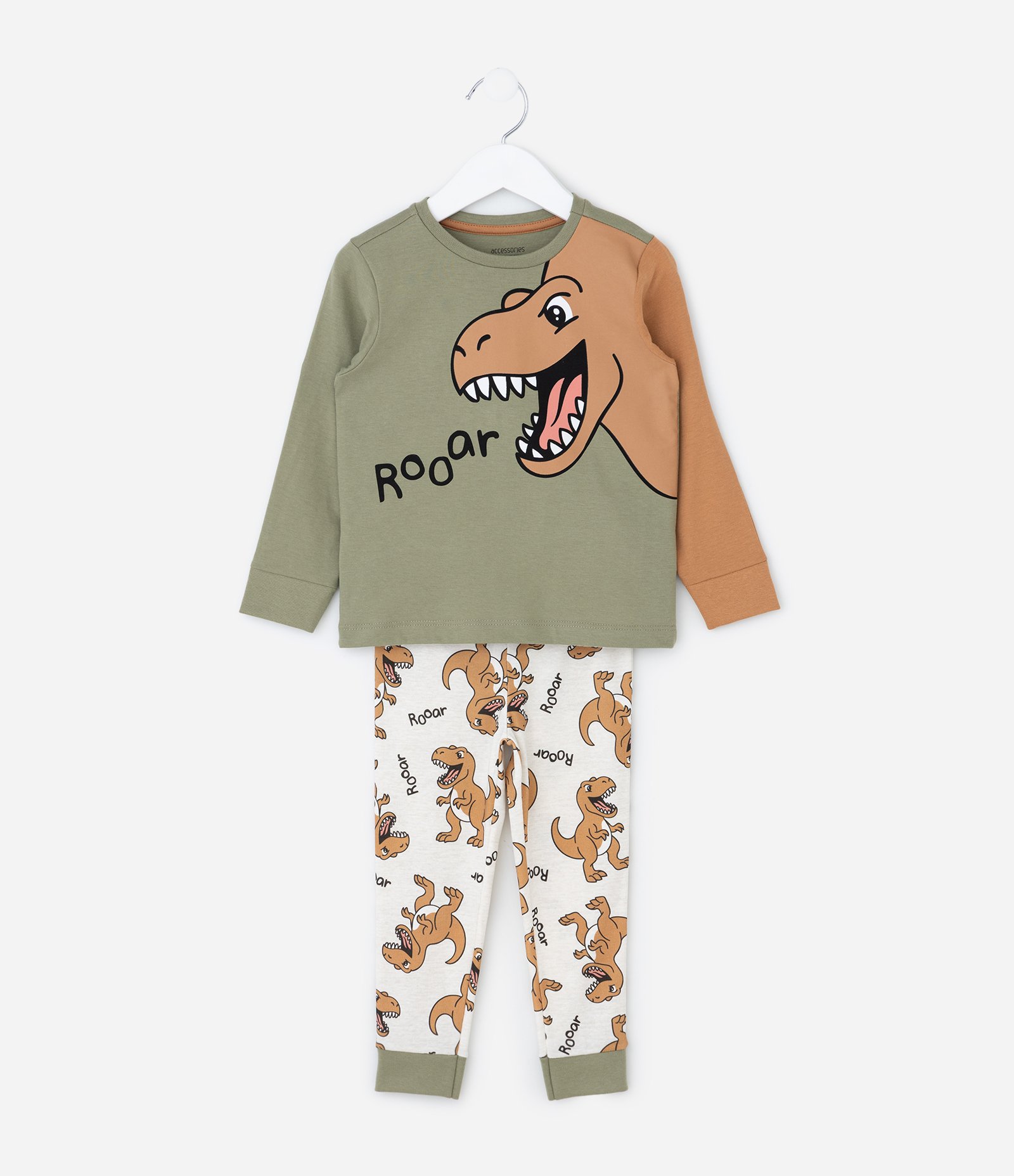 Pijama Infantil com Dinossauro e Crista 3D – Tam 1 a 6 Anos Verde Oliva/Off White 1