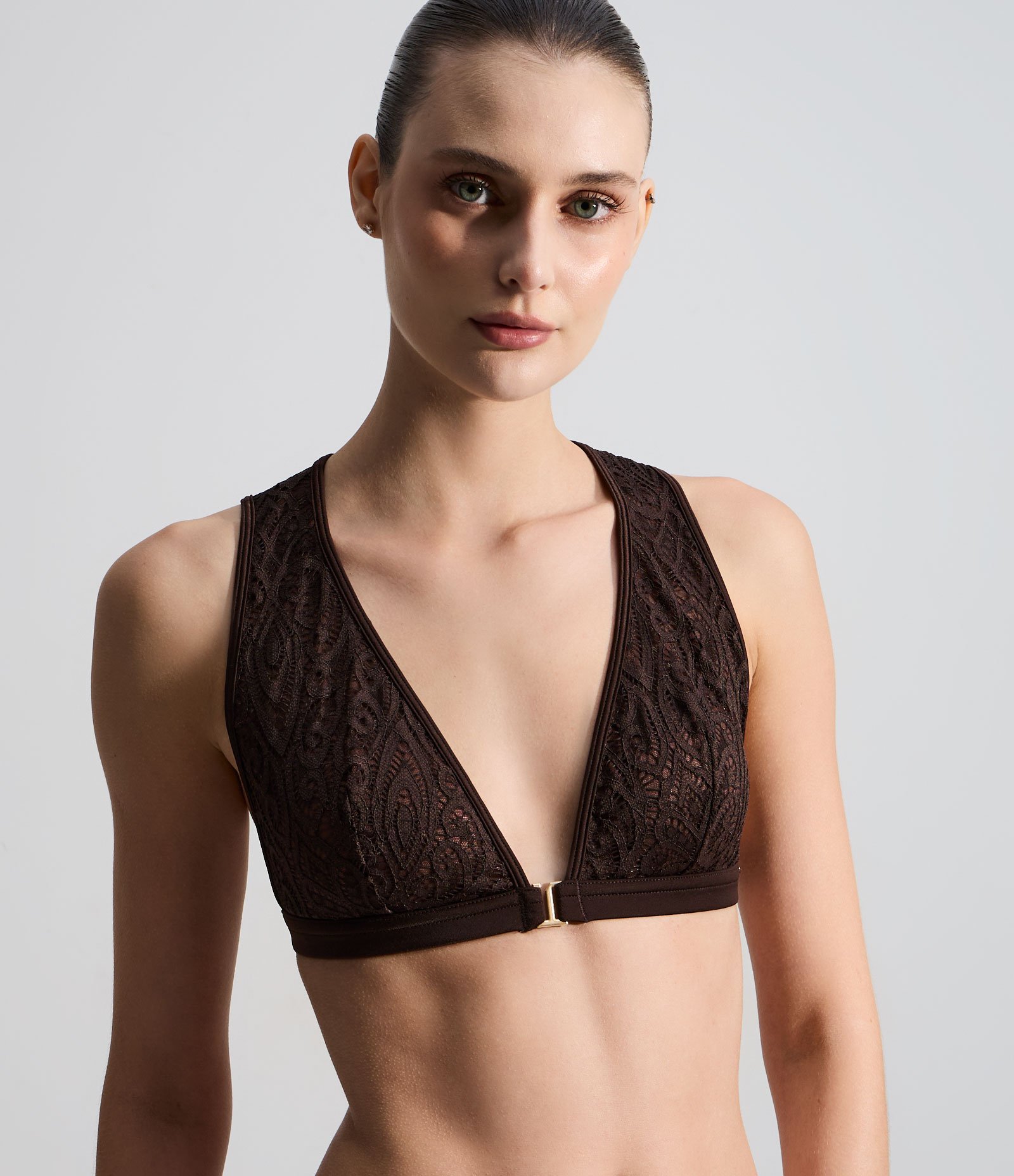 Sutiã Top Triângulo em Renda Floral Marrom 2