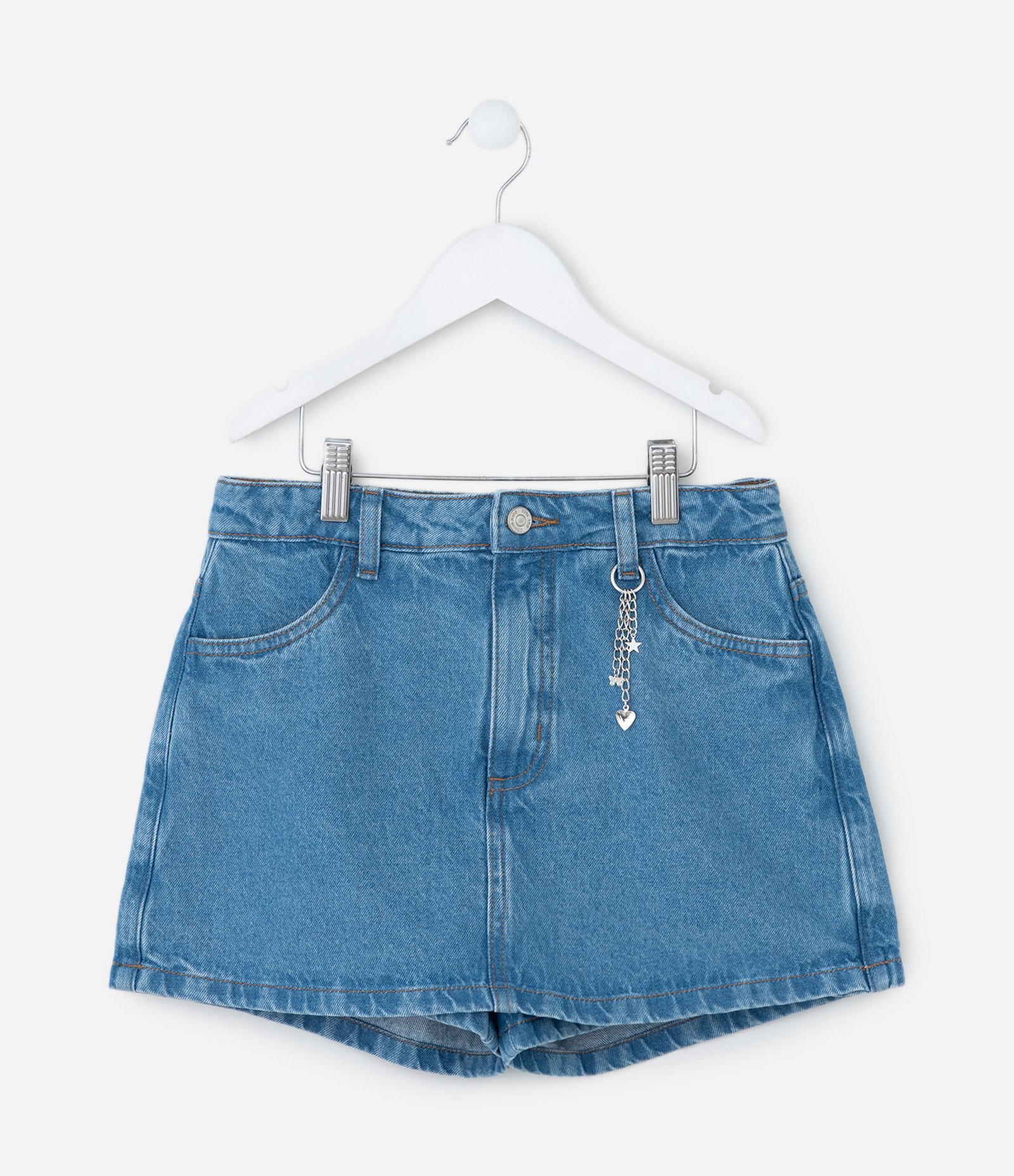 Short Saia Infantil em Jeans com Pingentes Metálicos – Tam 7 a 16 Anos Azul 1