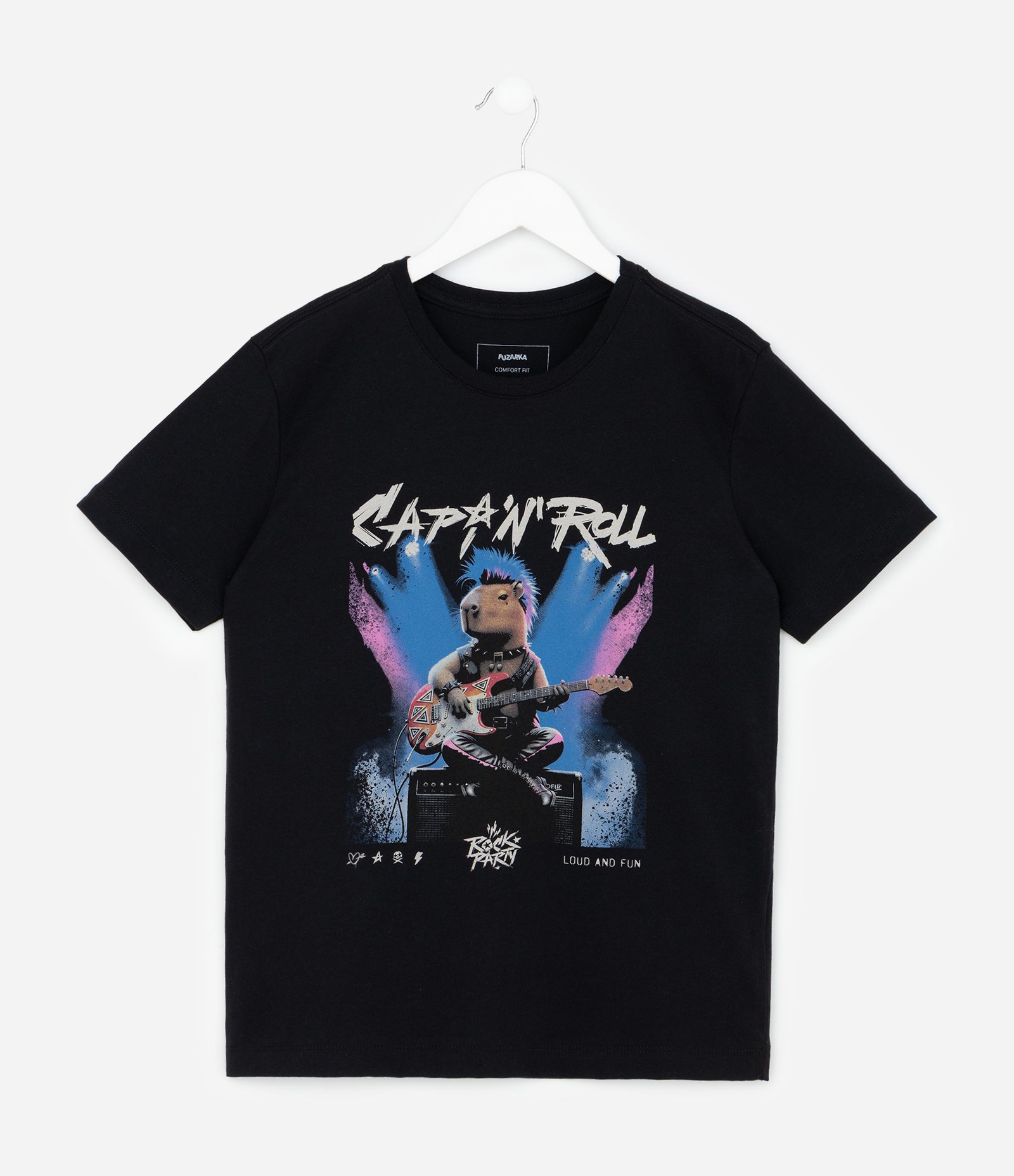 Camiseta Infantil com Estampa Capivara Rock n’ Roll – Tam 5 a 14 Anos Preto 1