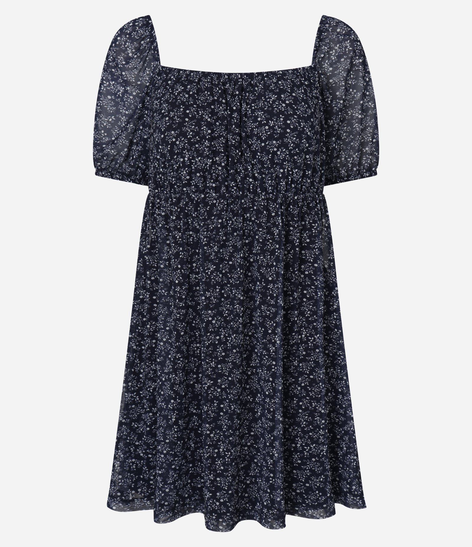 Vestido Evasê em Tule Floral com Mangas Bufantes Curto Azul Marinho 4