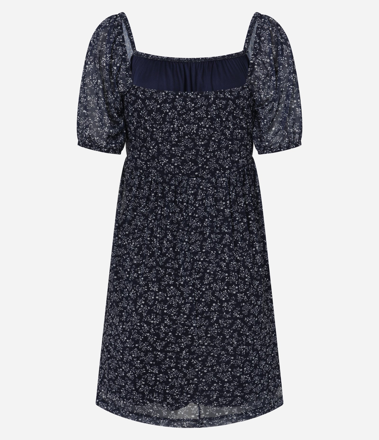 Vestido Evasê em Tule Floral com Mangas Bufantes Curto Azul Marinho 6