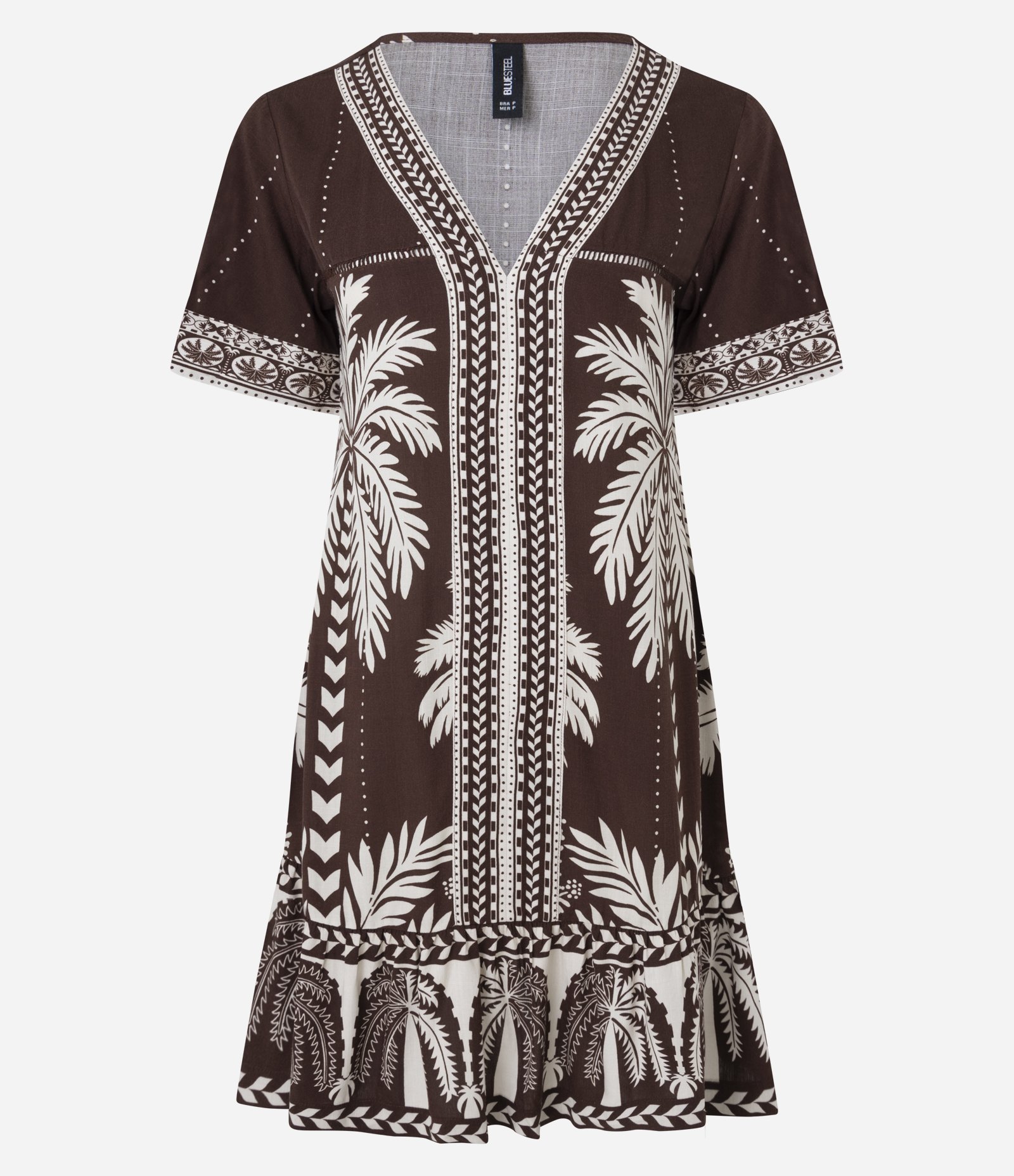 Vestido Curto em Viscose com Estampa Coqueiros e Decote V Marrom 5