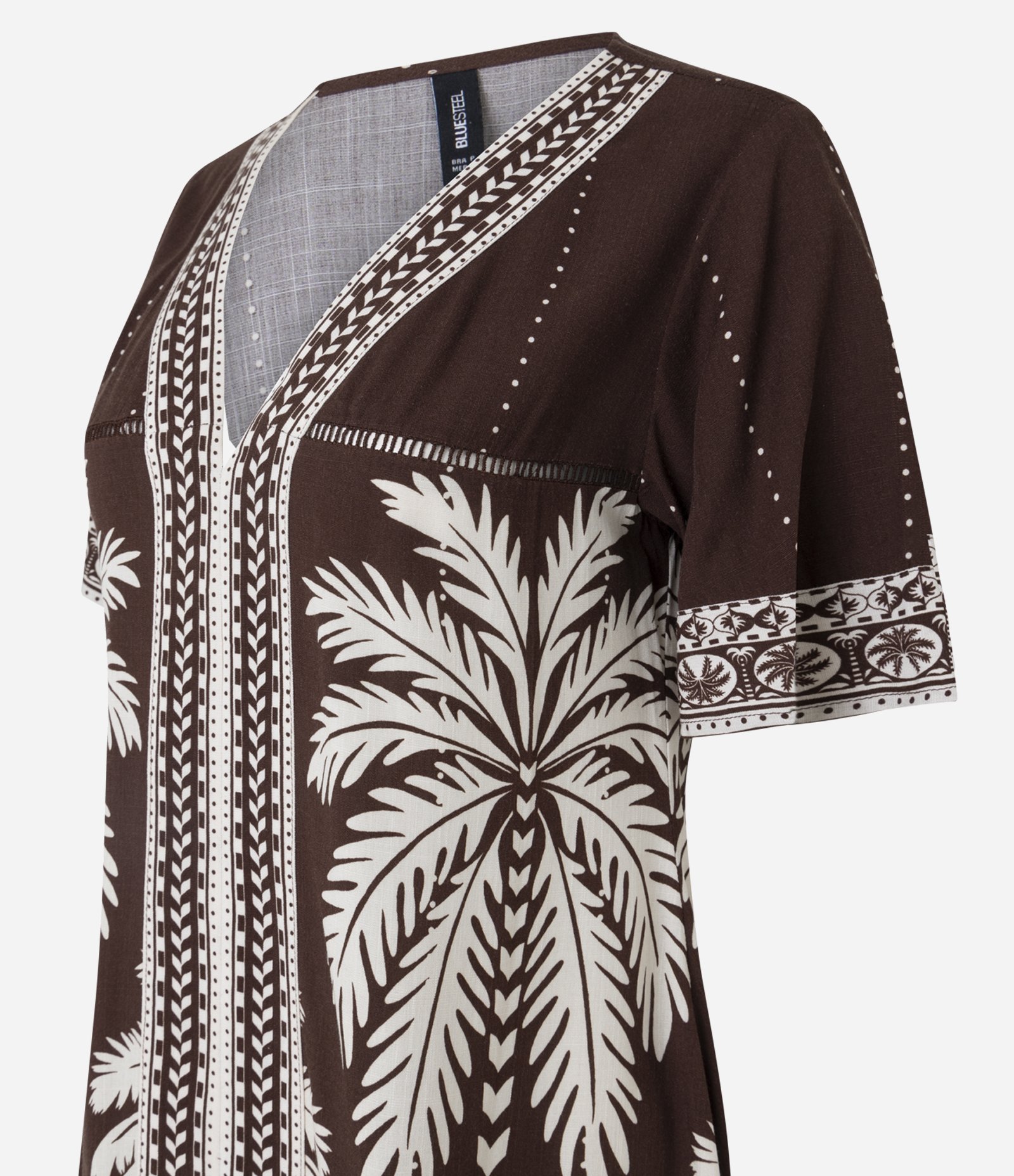Vestido Curto em Viscose com Estampa Coqueiros e Decote V Marrom 6