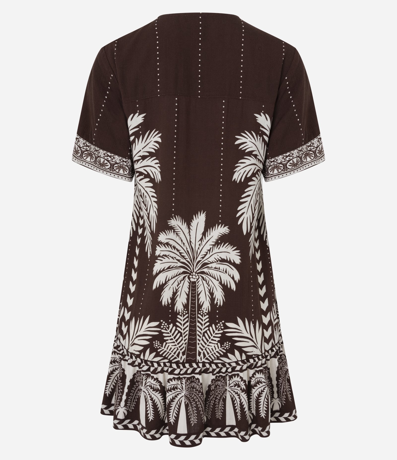 Vestido Curto em Viscose com Estampa Coqueiros e Decote V Marrom 7