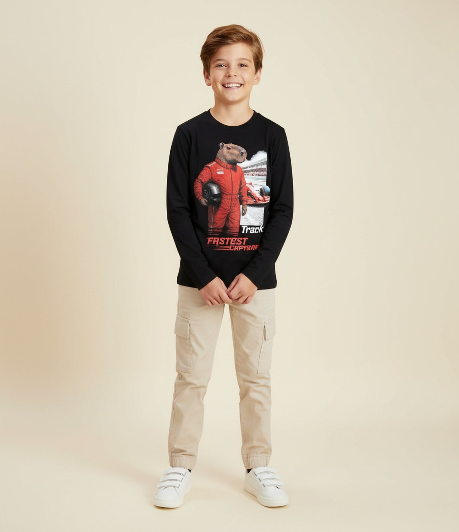 Camiseta Infantil com Estampa Capivara Piloto – Tam 5 a 14 Anos Preto 1