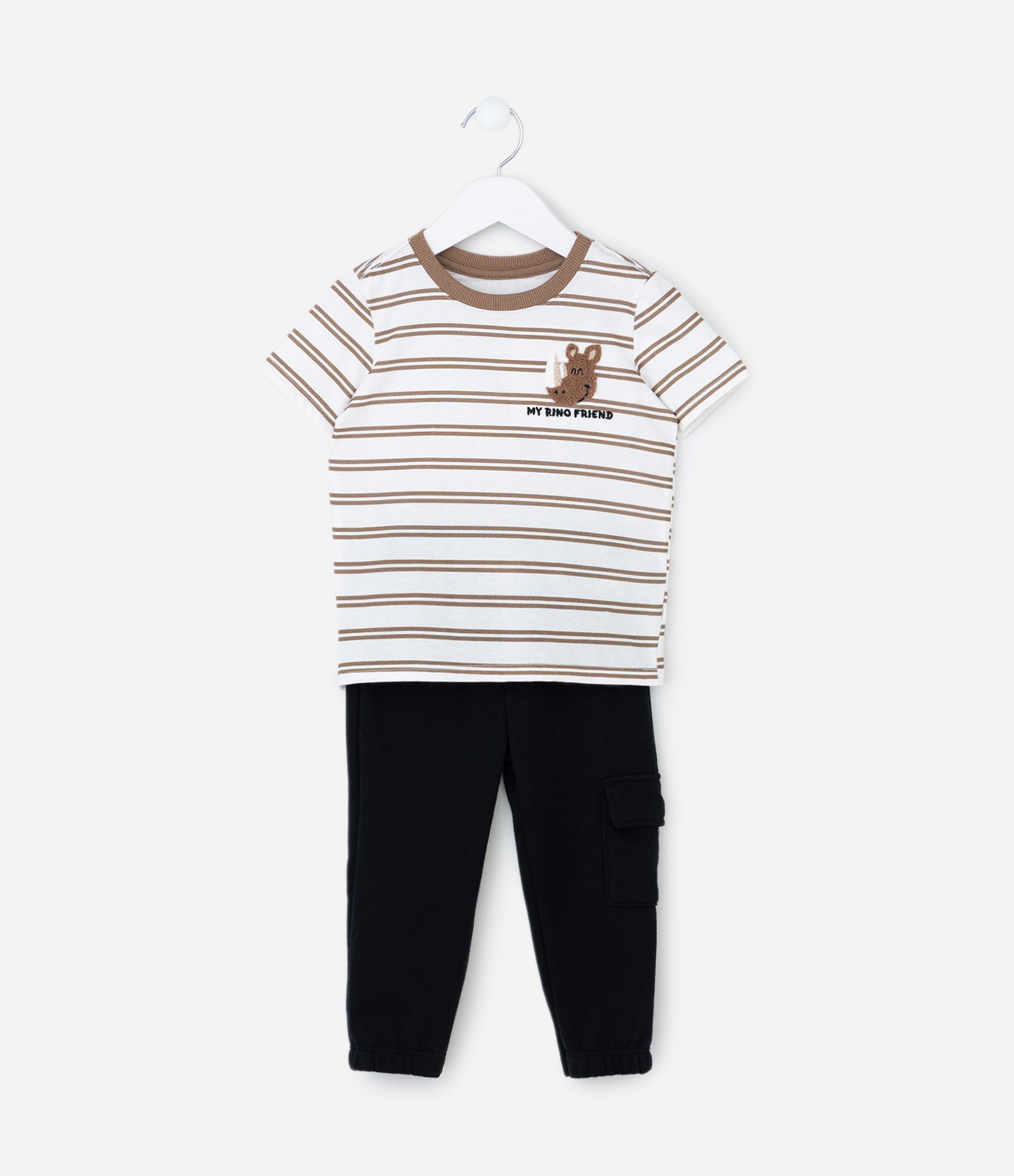 Conjunto Infantil com Listras e Aplique de Bichinho – Tam 1 a 6 Anos Off White/Marrom 1