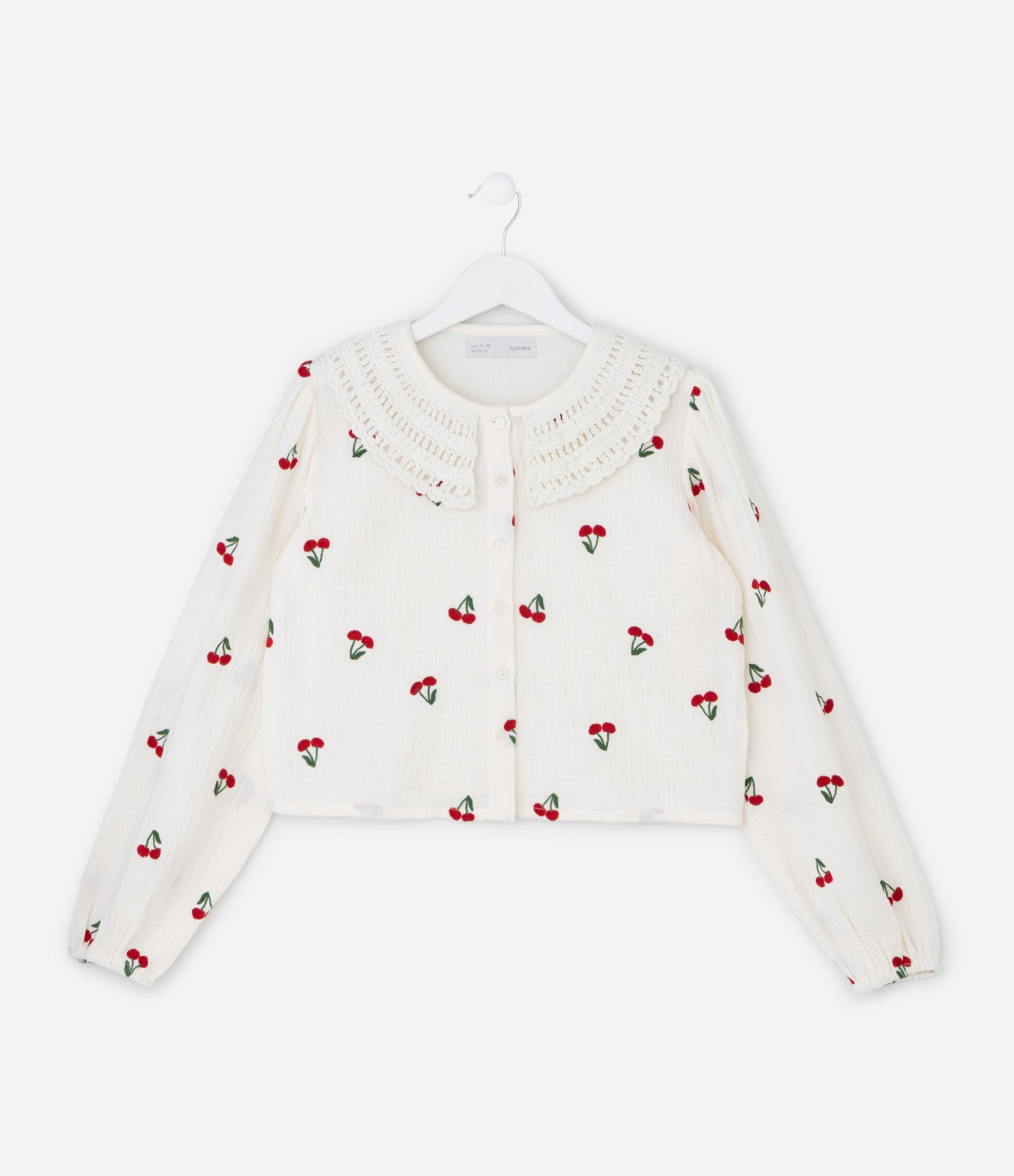 Camisa Infantil com Bordados de Cerejas e Gola de Crochê – Tam 5 a 14 Anos Off White 2
