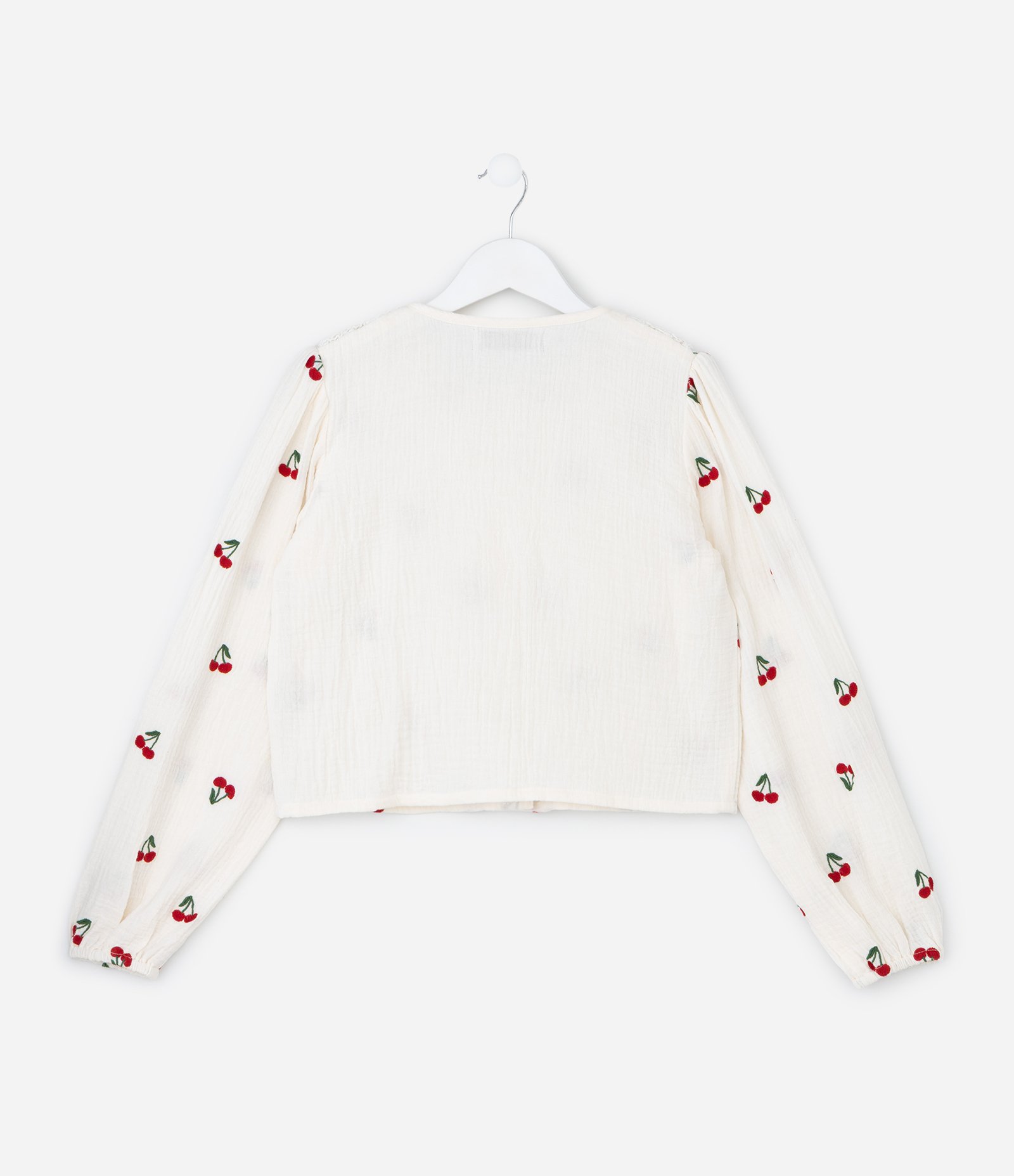 Camisa Infantil com Bordados de Cerejas e Gola de Crochê – Tam 5 a 14 Anos Off White 3