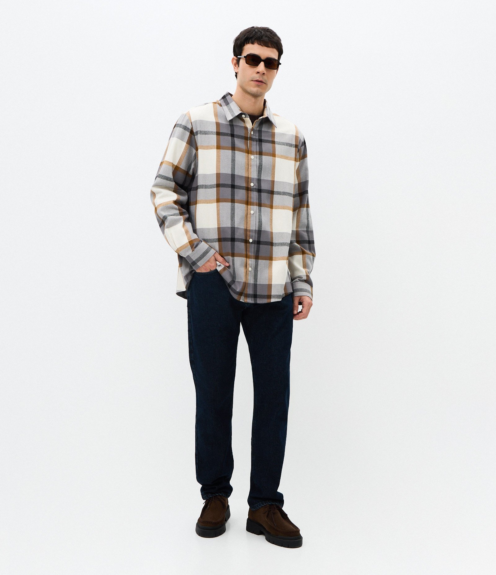 Camisa Manga Longa em Flanela com Listrado em Blocos Cinza 2