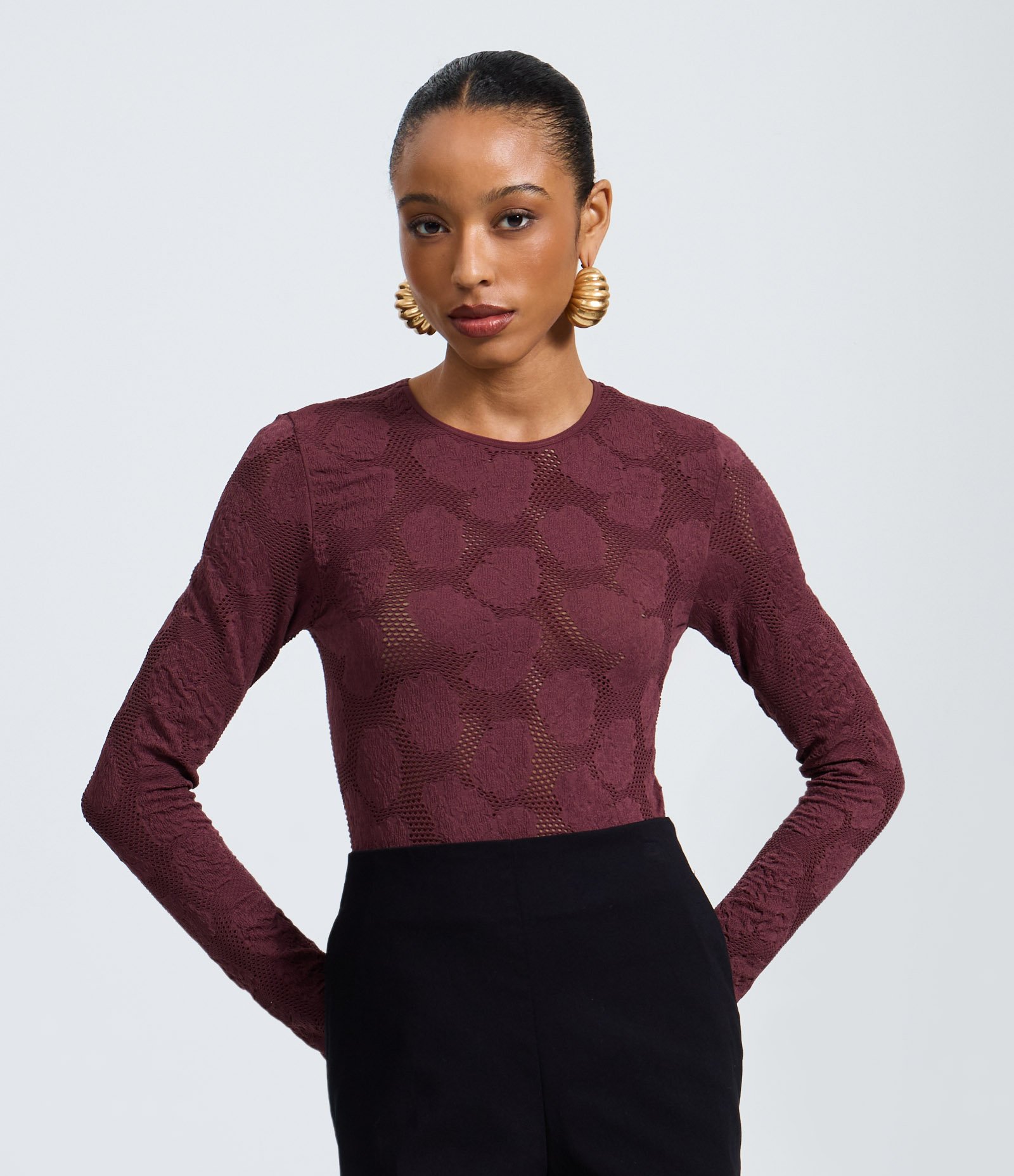 Body Manga Longa Seamless com Textura Rendada Vinho 1