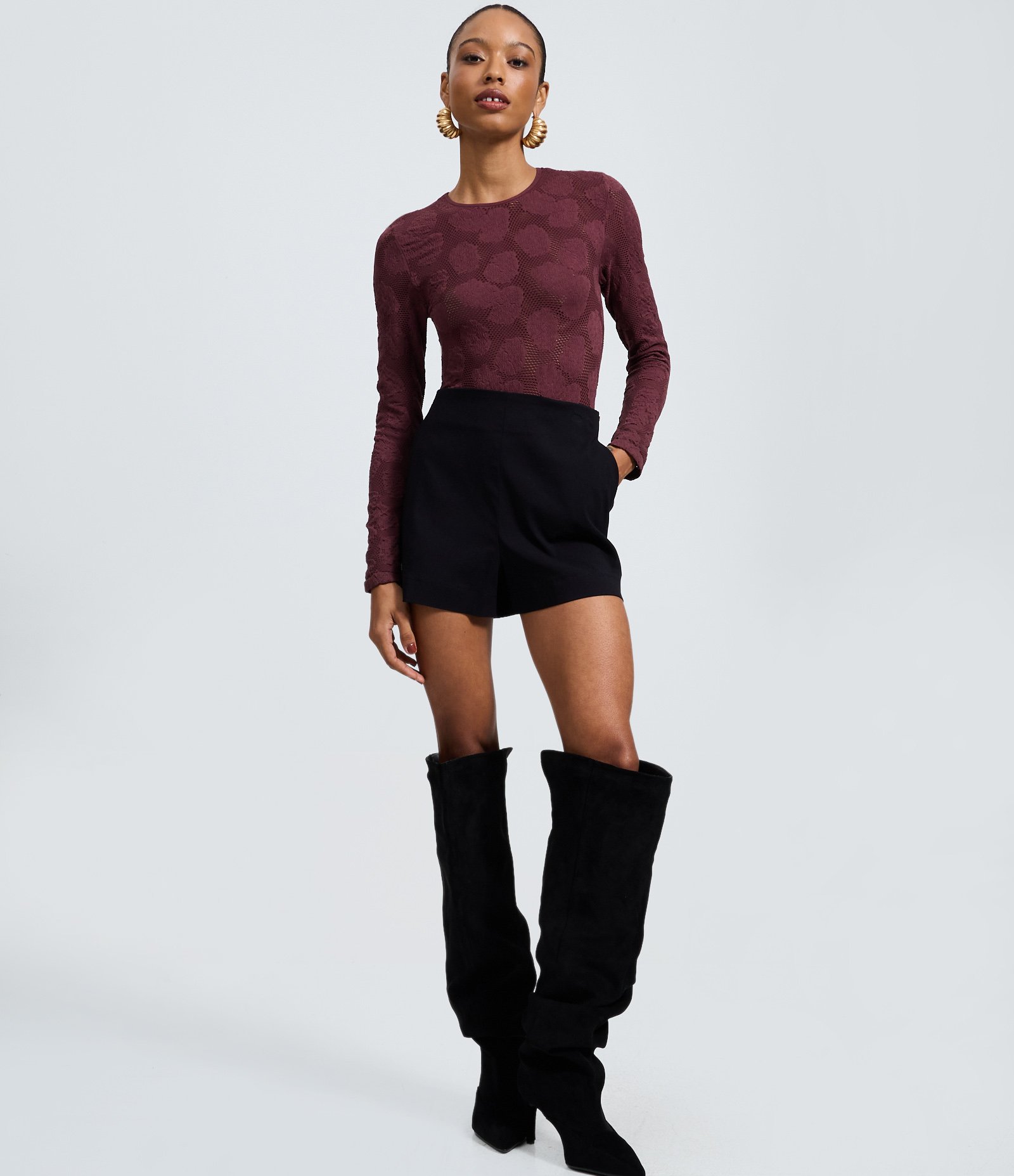 Body Manga Longa Seamless com Textura Rendada Vinho 2