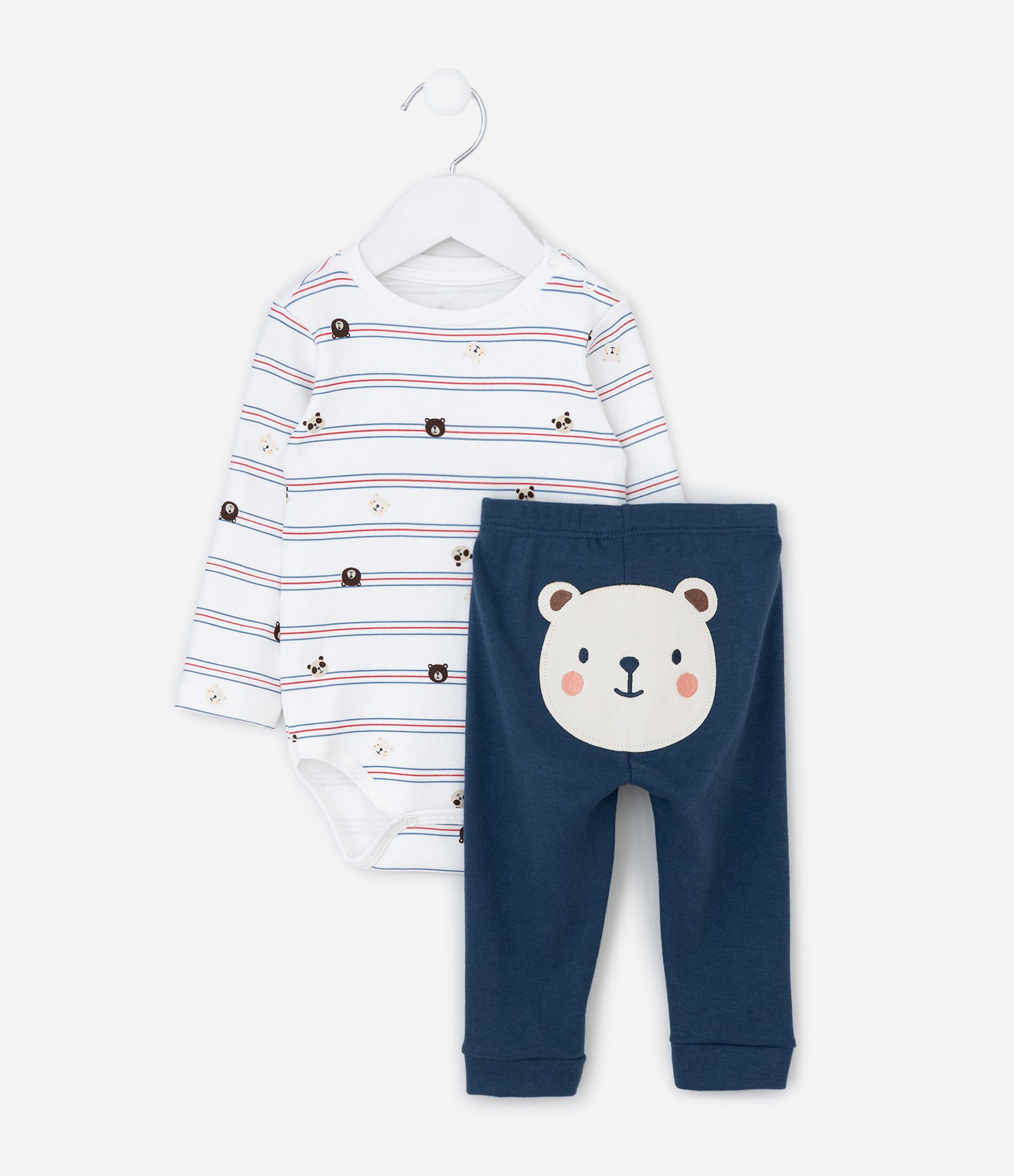 Conjunto Infantil Body Listrado com Calça Tema Ursinho – Tam RN a 18 meses Branco/Azul Marinho 1