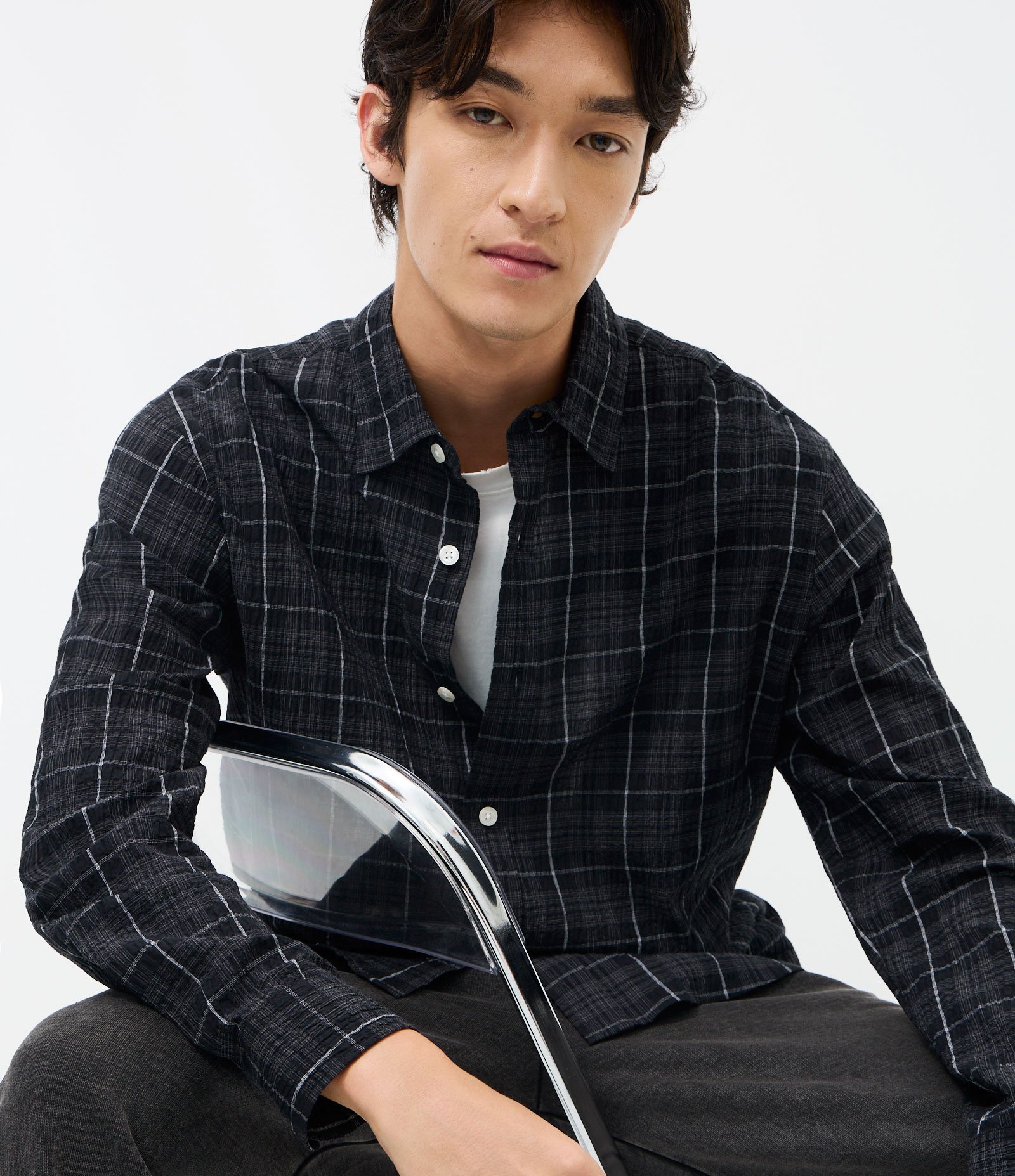 Camisa Manga Longa em Tricoline Xadrez Preto 1