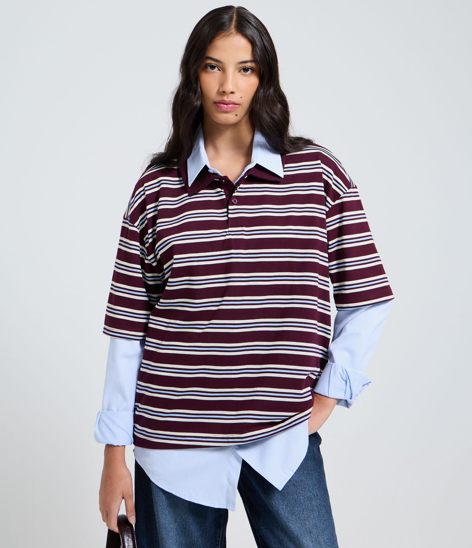 Camiseta em Malha com Gola Polo e Estampa de Listras Vinho/Azul/Branco 1