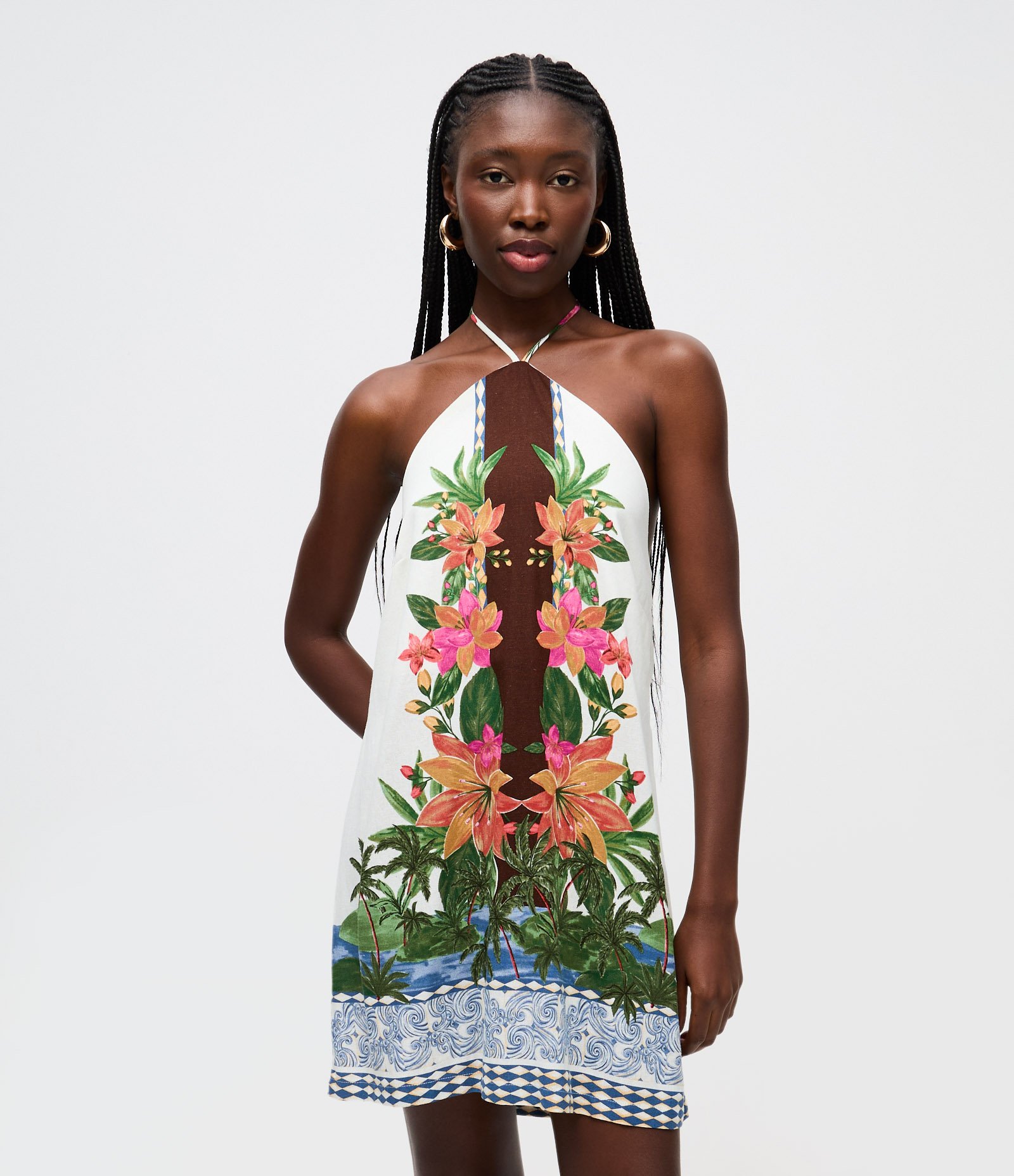 Vestido Curto Frente Única em Viscolinho com Estampa Floral Off White 1