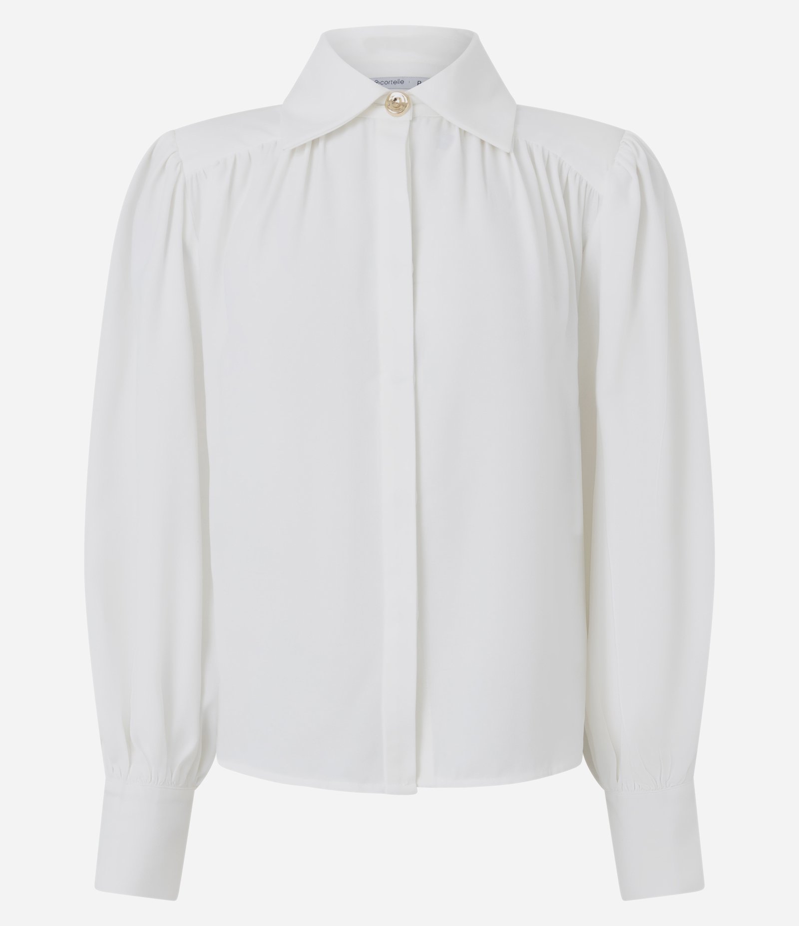 Camisa em Crepe com Franzido no Ombro e Botão Dourado em Destaque Off White 7