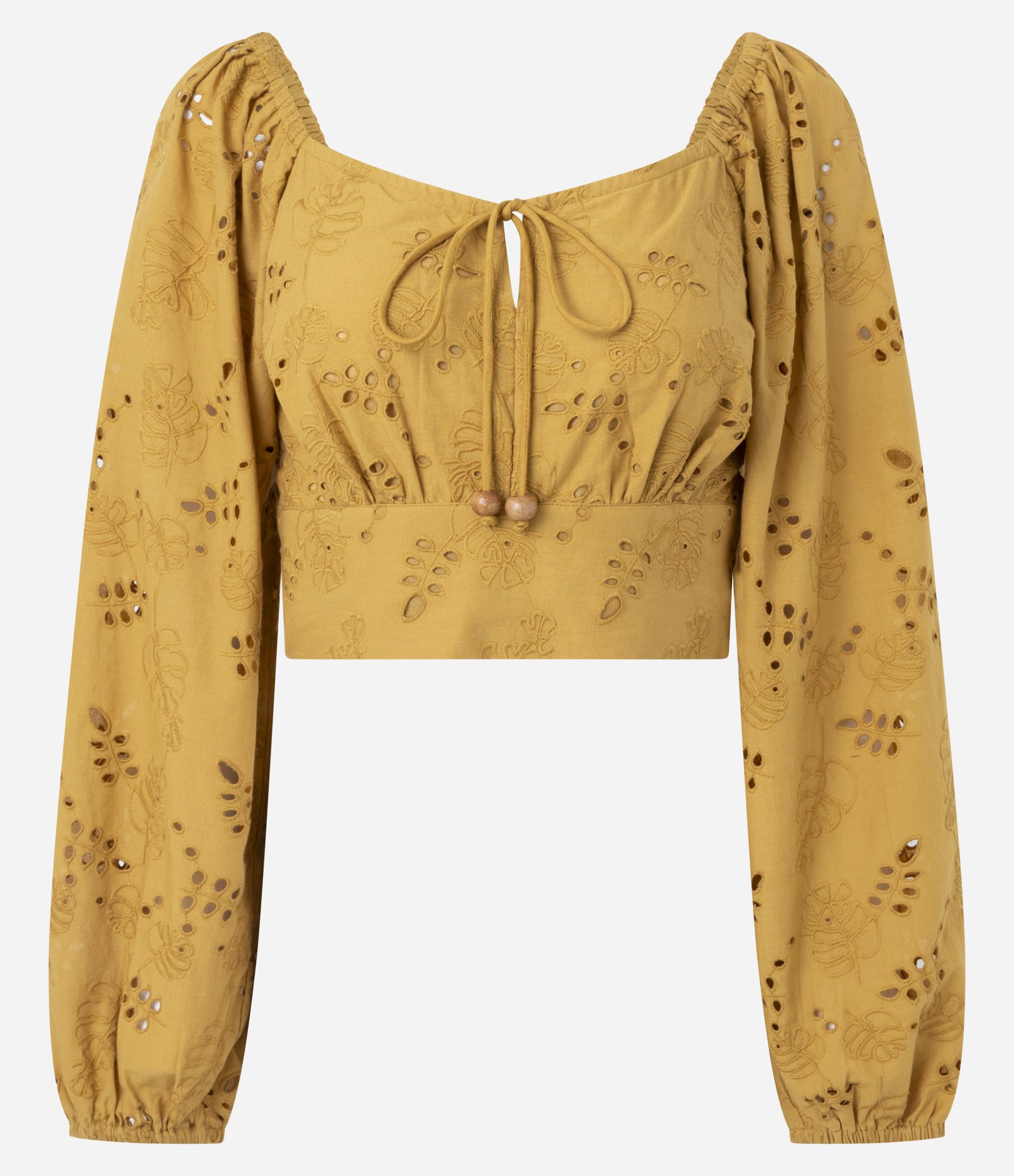 Blusa Cropped em Algodão com Decote Coração e Manga Bufante Amarelo 1