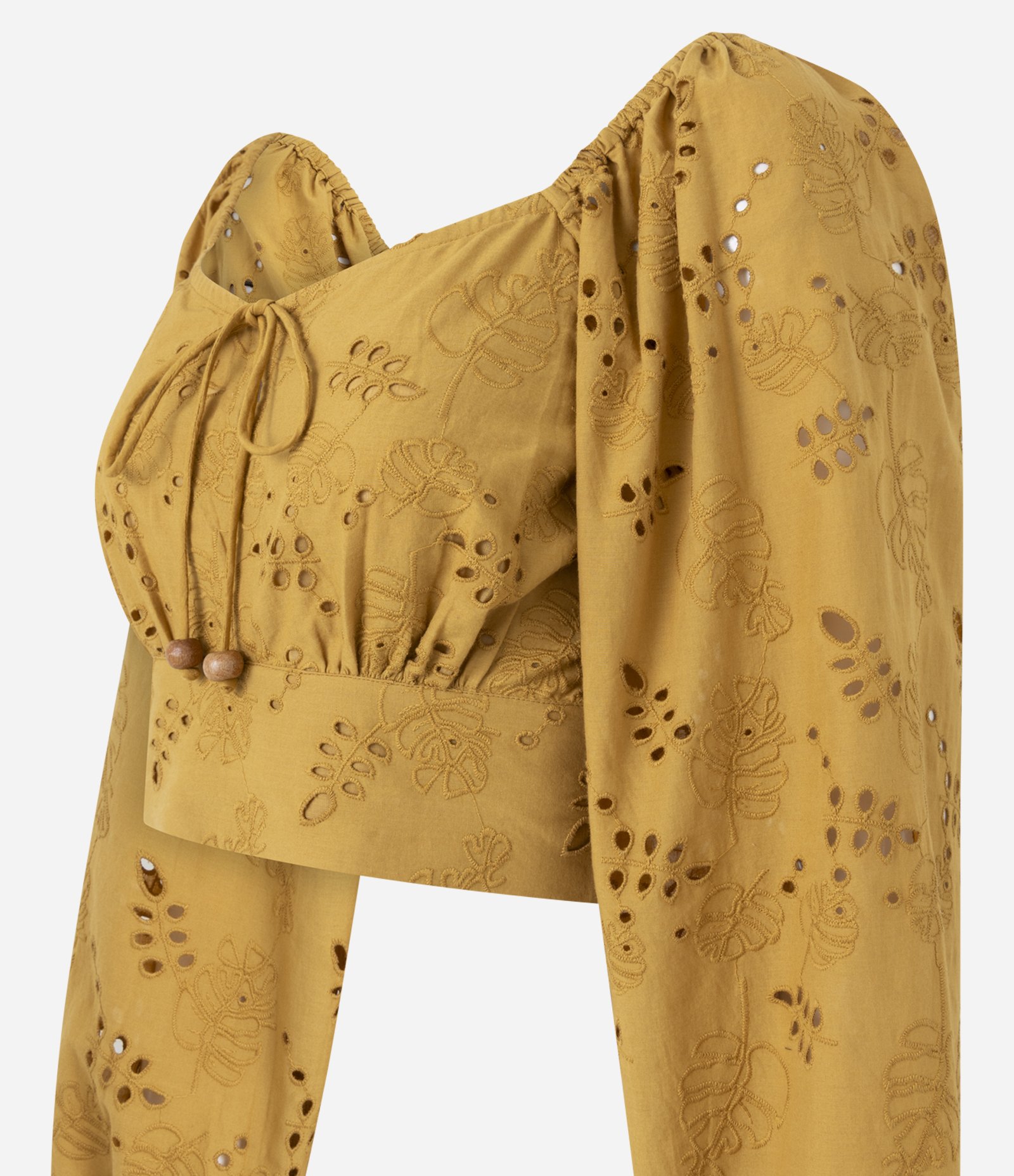 Blusa Cropped em Algodão com Decote Coração e Manga Bufante Amarelo 2