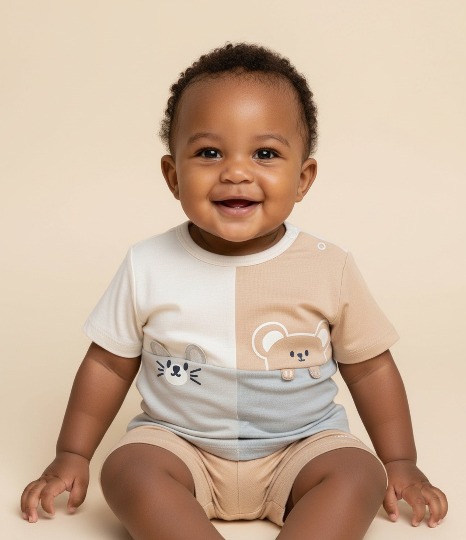 Conjunto Infantil com Camiseta Interativa e Bermuda – Tam 0 a 18 Meses Bege 1