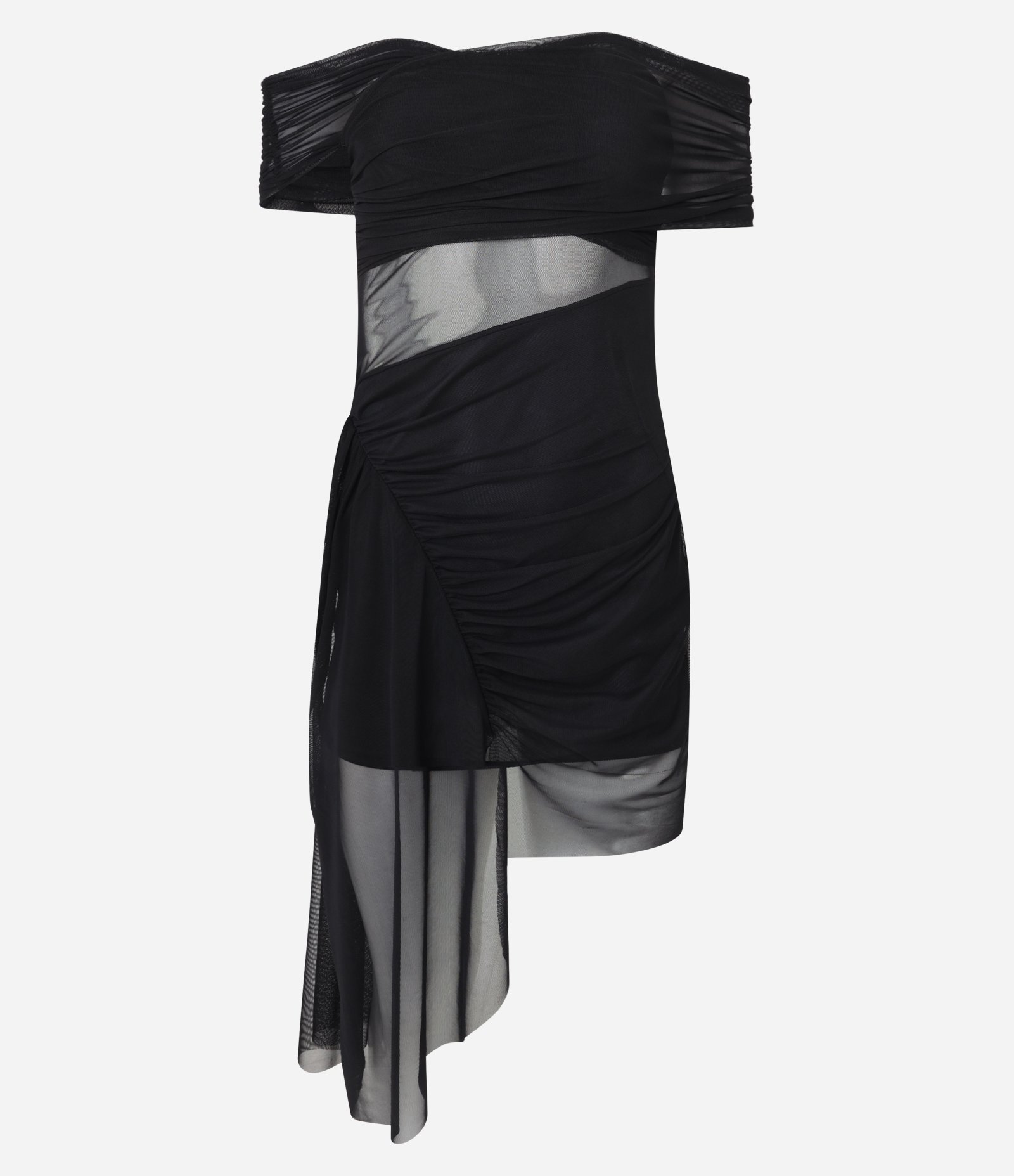 Vestido Curto em Tule com Decote Ombro a Ombro e Detalhe Assimétrico Preto 1
