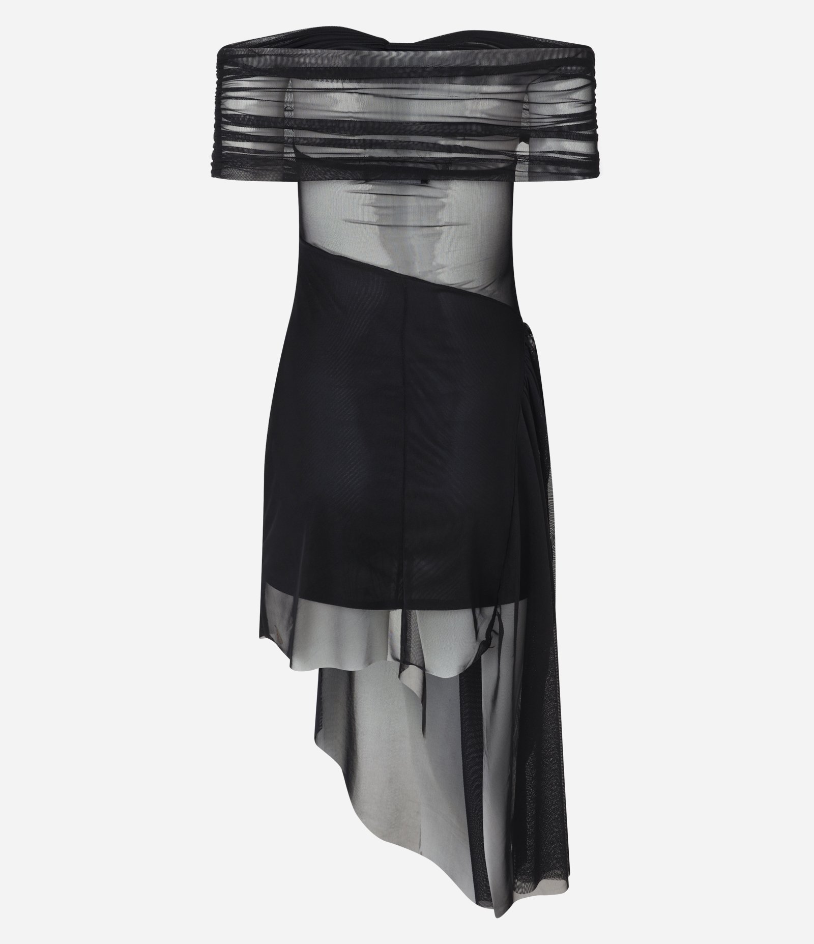 Vestido Curto em Tule com Decote Ombro a Ombro e Detalhe Assimétrico Preto 2