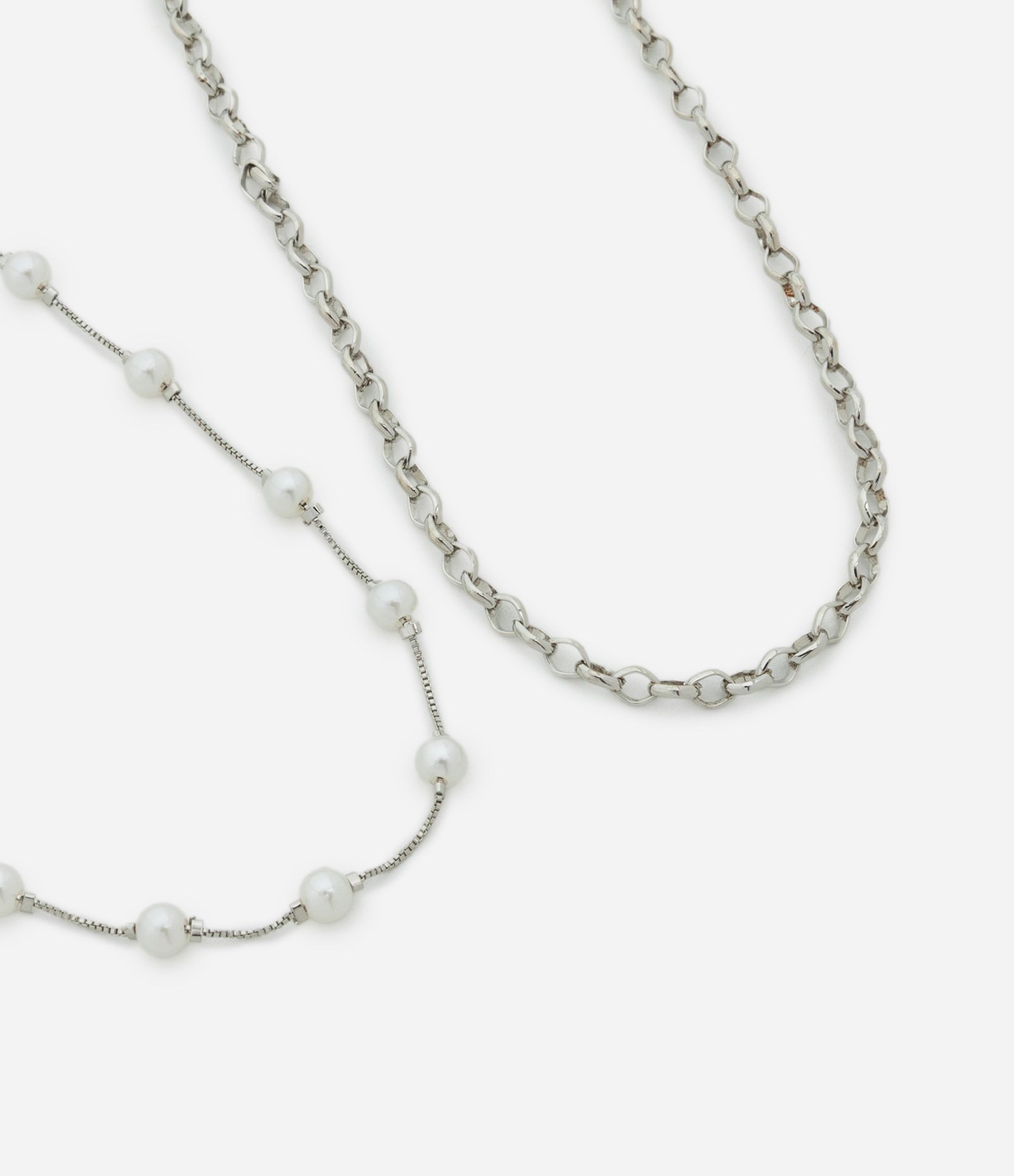 Kit 02 Colares em Metal com Corrente e Pérolas Espaçadas Prata 1