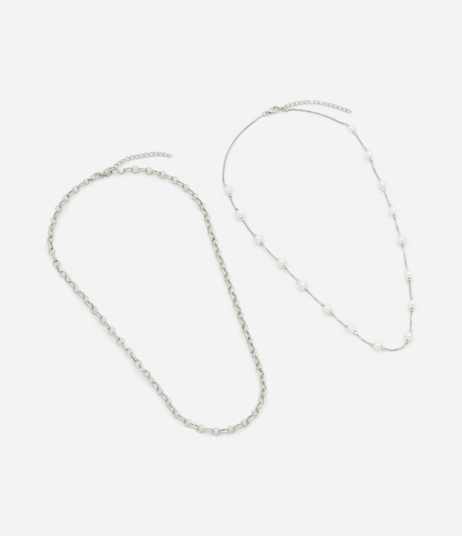 Kit 02 Colares em Metal com Corrente e Pérolas Espaçadas Prata 2