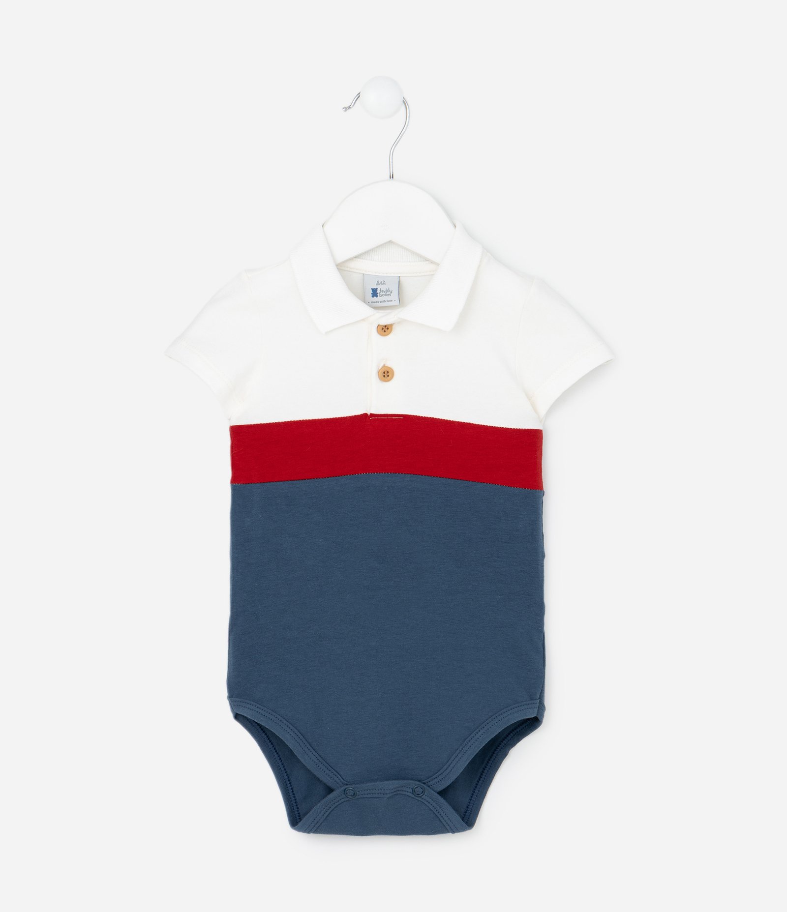 Body Infantil com Gola Polo e Blocos de Cor – Tam 0 a 18 Meses Branco/Vermelho/Azul 1