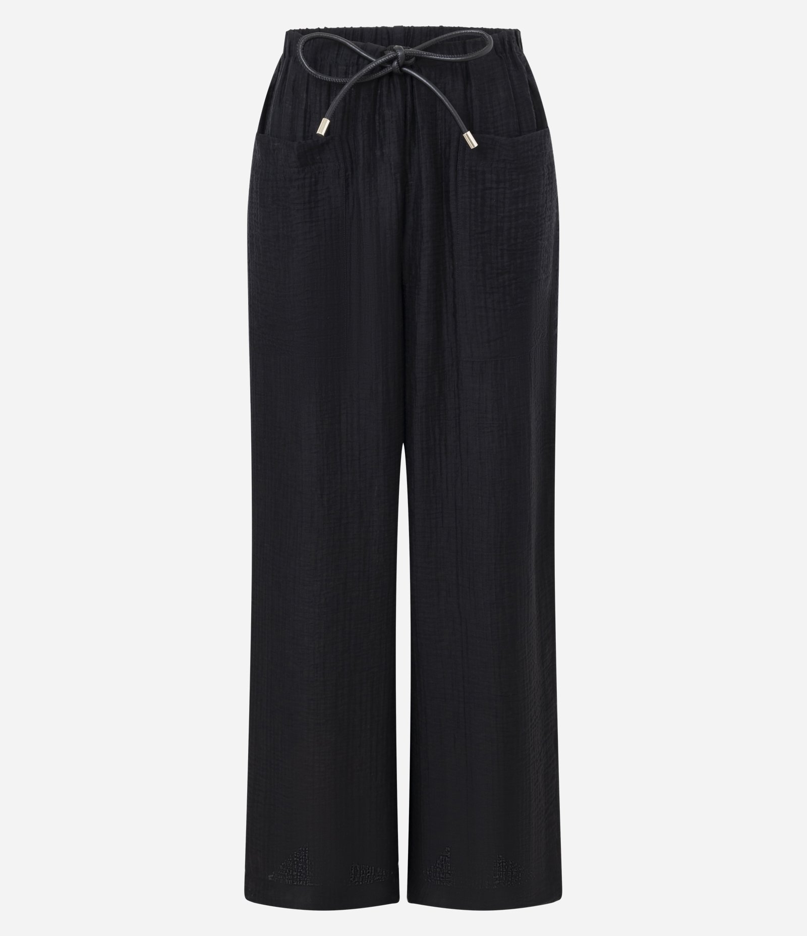 Calça Reta em Viscose com Bolsos Frontais e Cordão para Amarração Preto 3