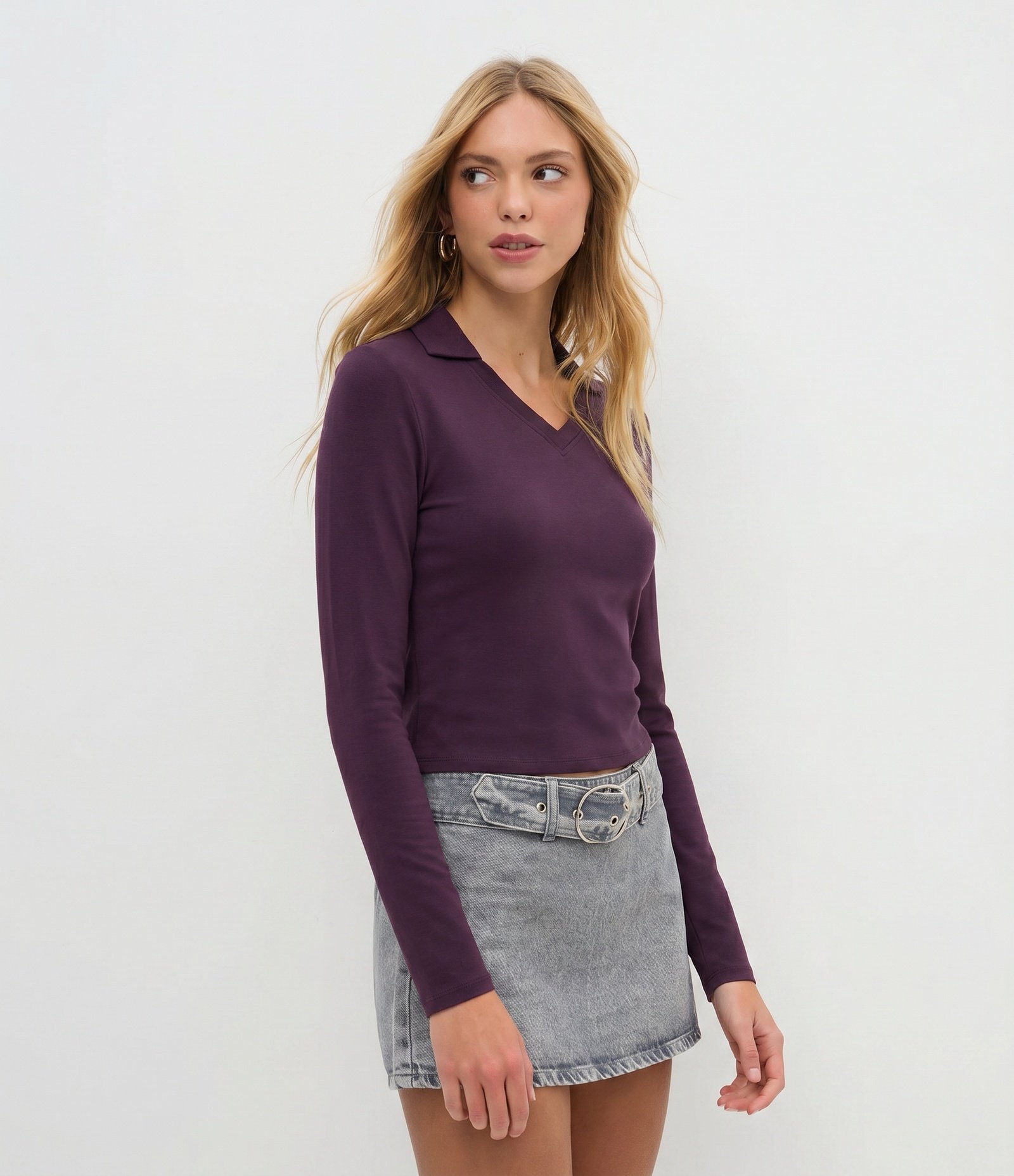 Blusa Manga Longa Interlock com Gola Polo Roxo 1