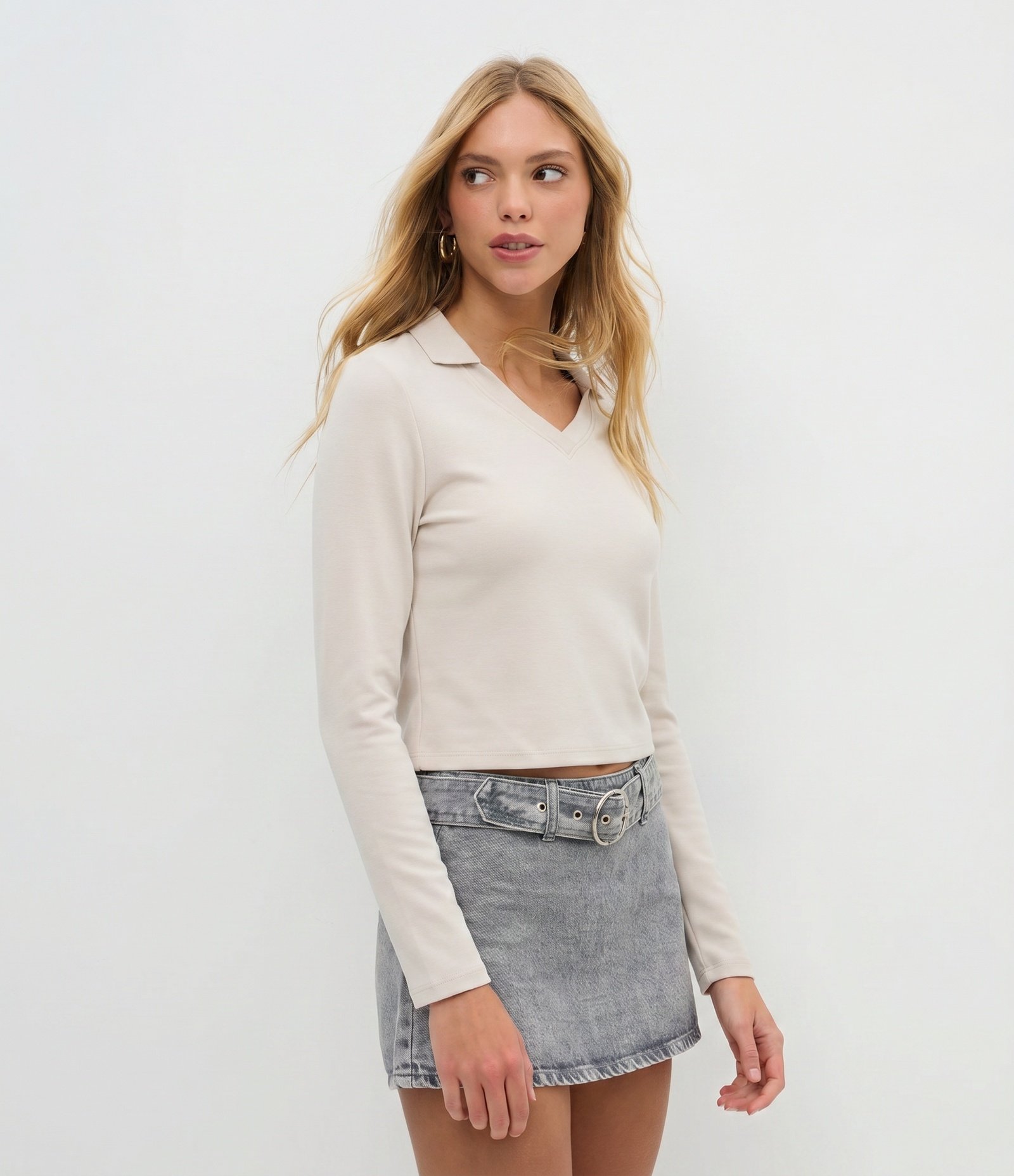 Blusa Manga Longa Interlock com Gola Polo Branco 1