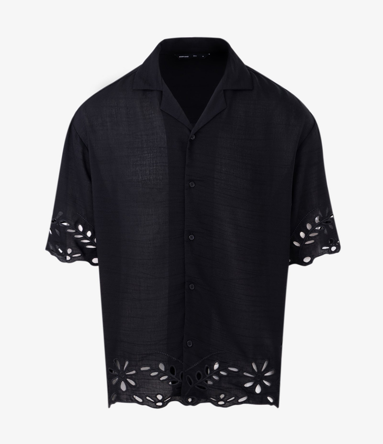 Camisa Boxy Manga Curta em Tricoline com Jacquard Bordado Floral Preto 5