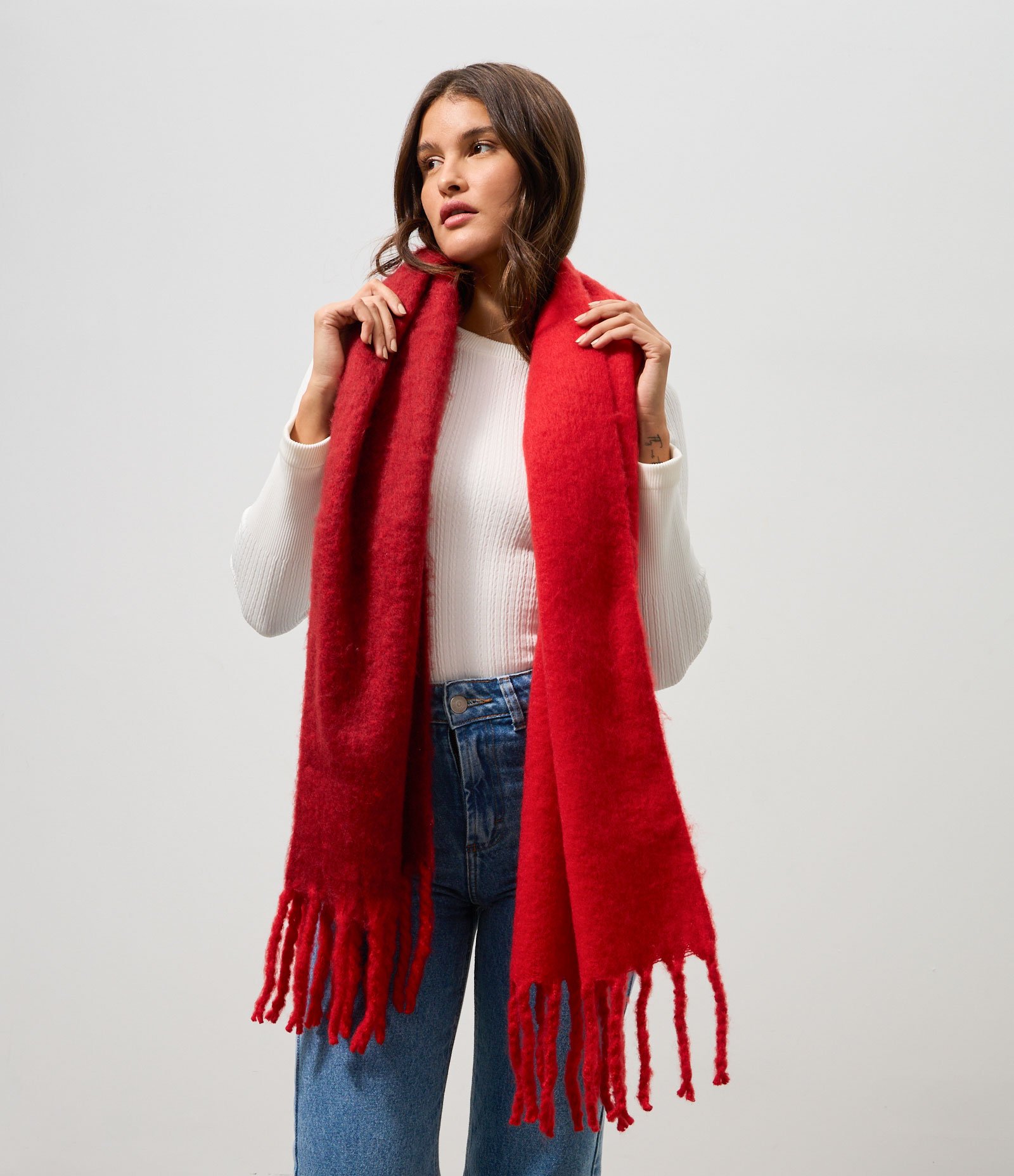 Cachecol em Flanela com Blocos de Cor e Franjas Vermelho 6