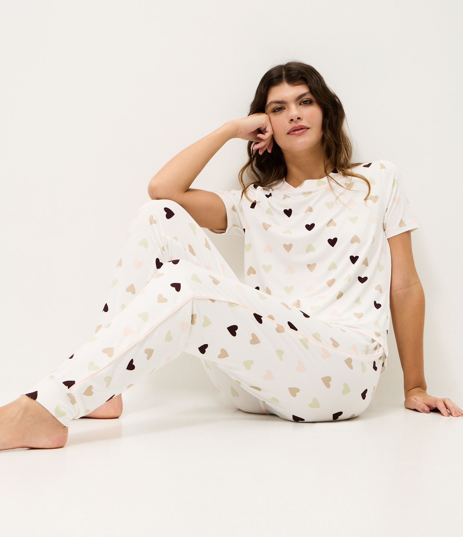 Calça de Pijama em Peach Touch com Estampa de Coração Branco 1
