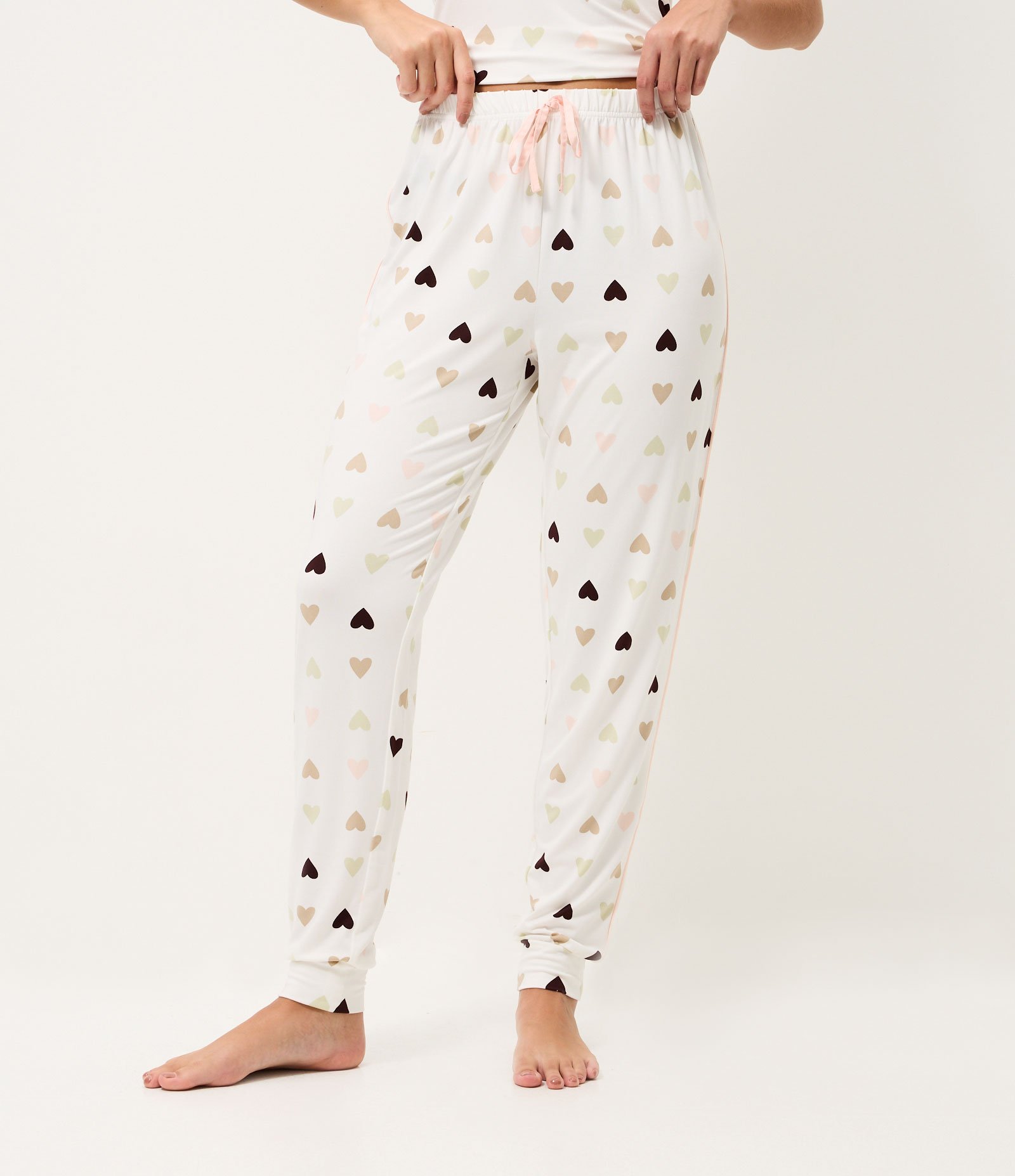 Calça de Pijama em Peach Touch com Estampa de Coração Branco 2