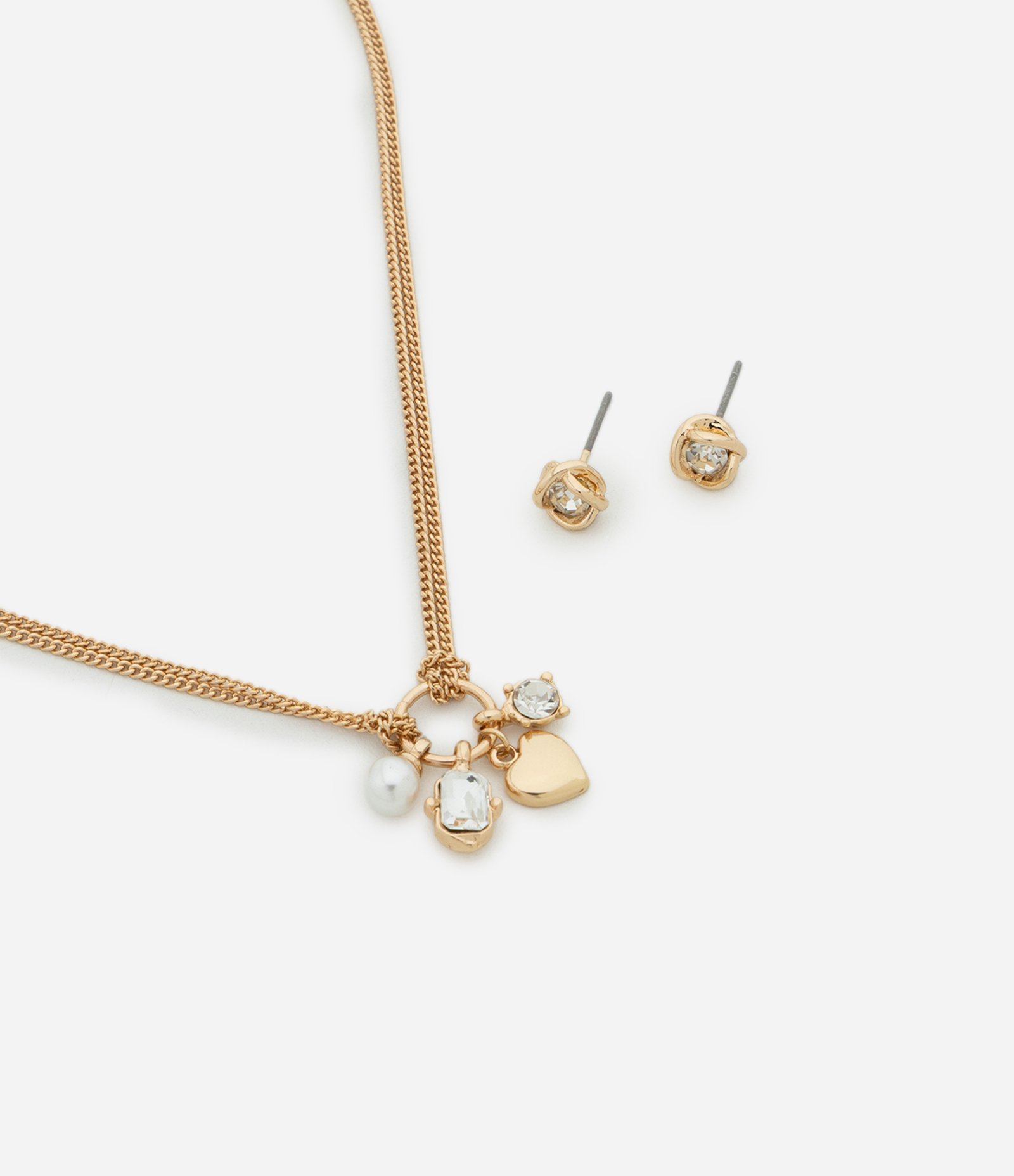 Conjunto de Colar e Brinco com Pingente de Pérola e Coração Dourado 1