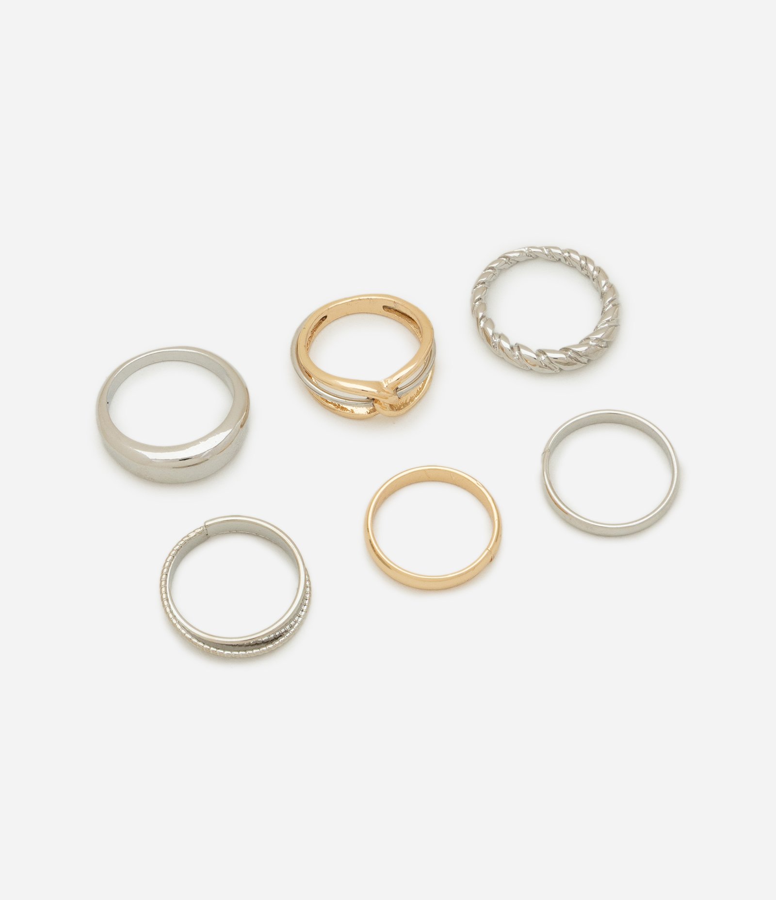 Kit 06 Anéis Metalizados com Detalhes Trançado Prata/Dourado 2