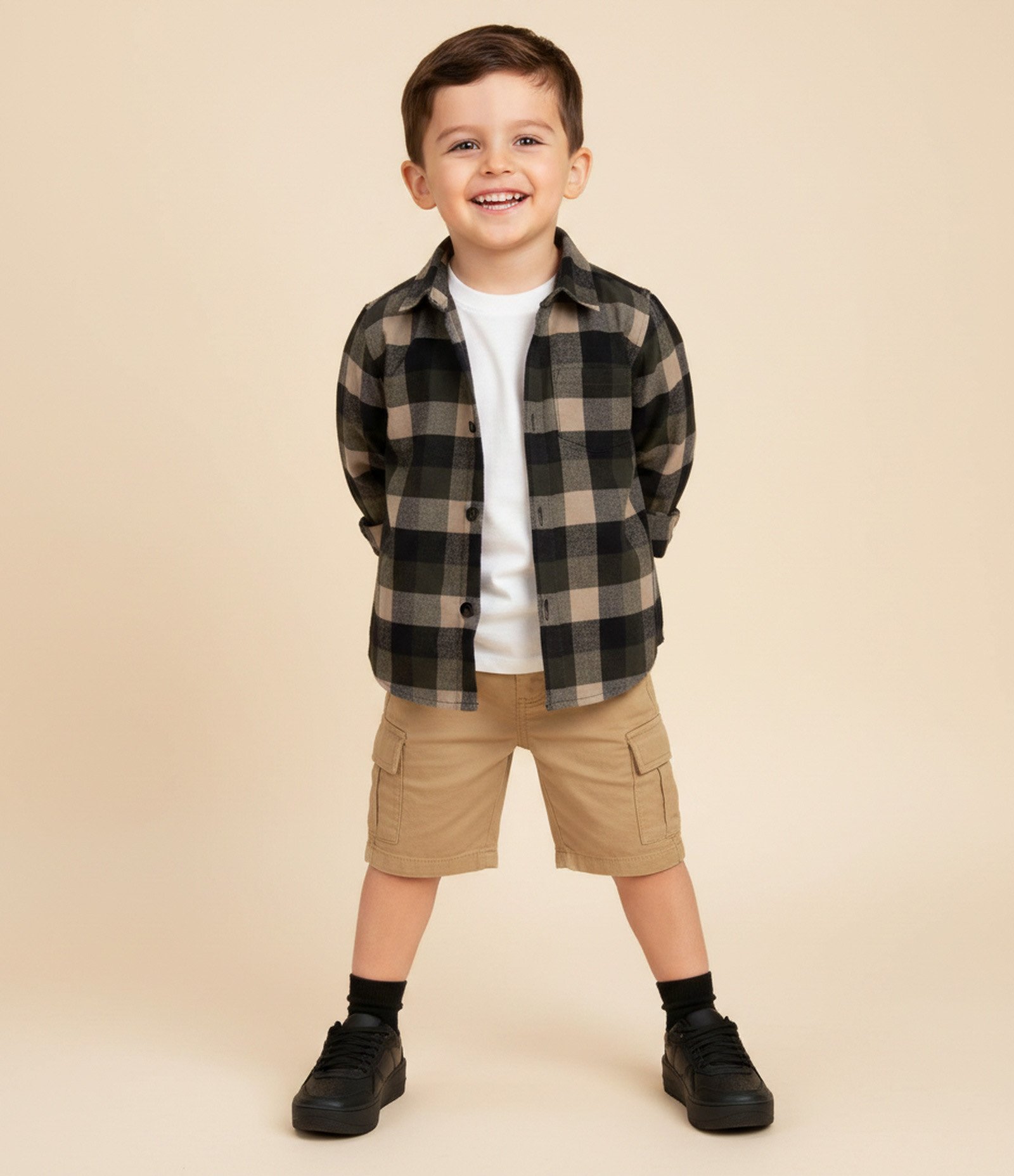 Camisa Infantil em Flanela com Estampa Xadrez – Tam 1 a 6 Anos Verde/Bege/Preto 1