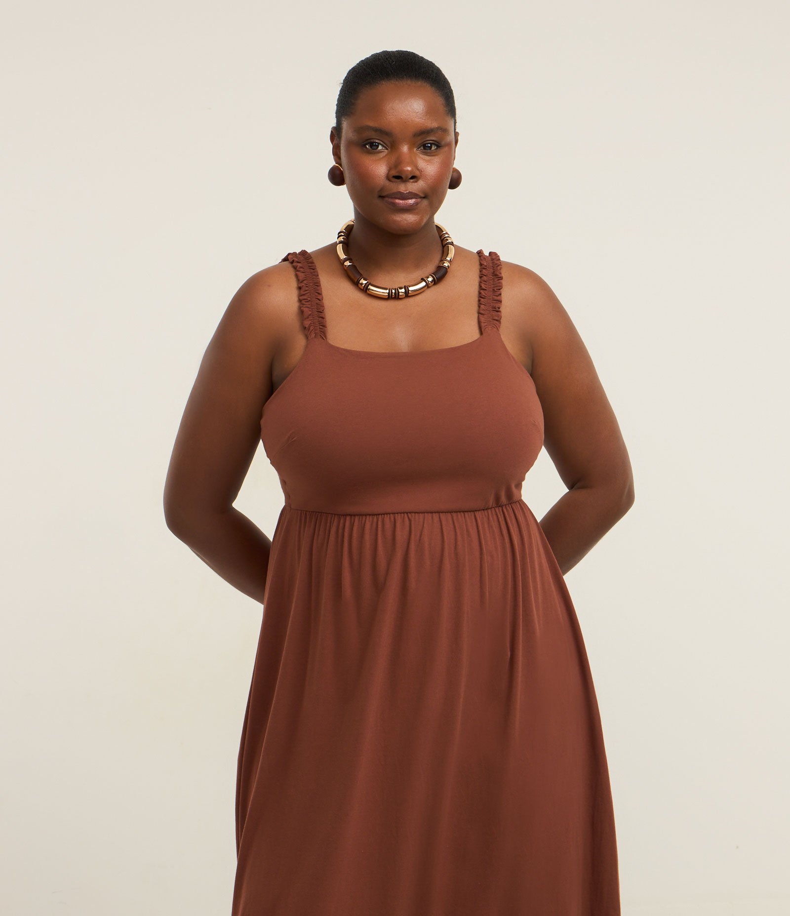 Vestido Midi em Algodão com Babados Curve & Plus Size Marrom 2