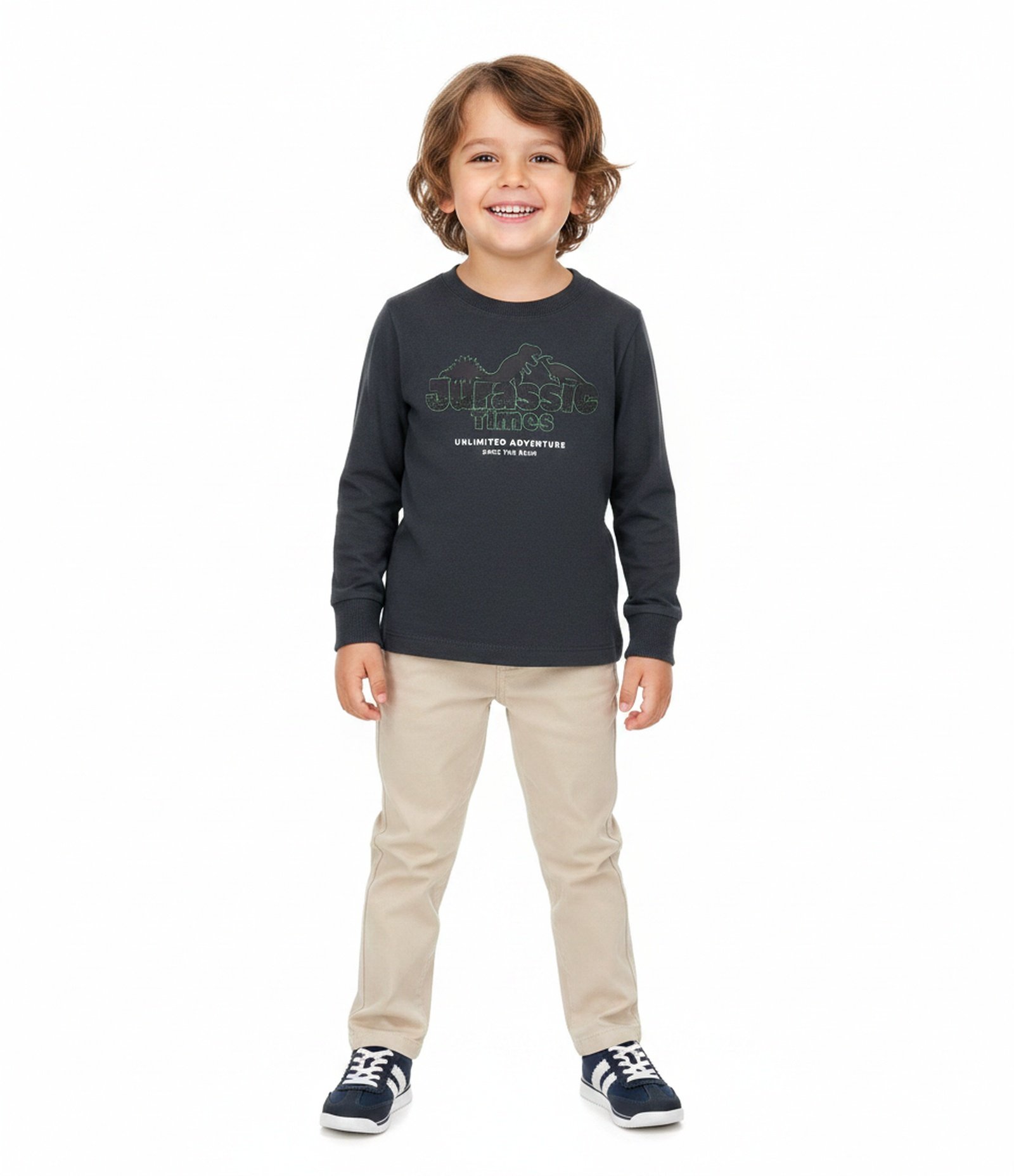 Camiseta Infantil com Estampa de Dinossauro em Relevo – Tam 1 a 6 Anos Chumbo 1