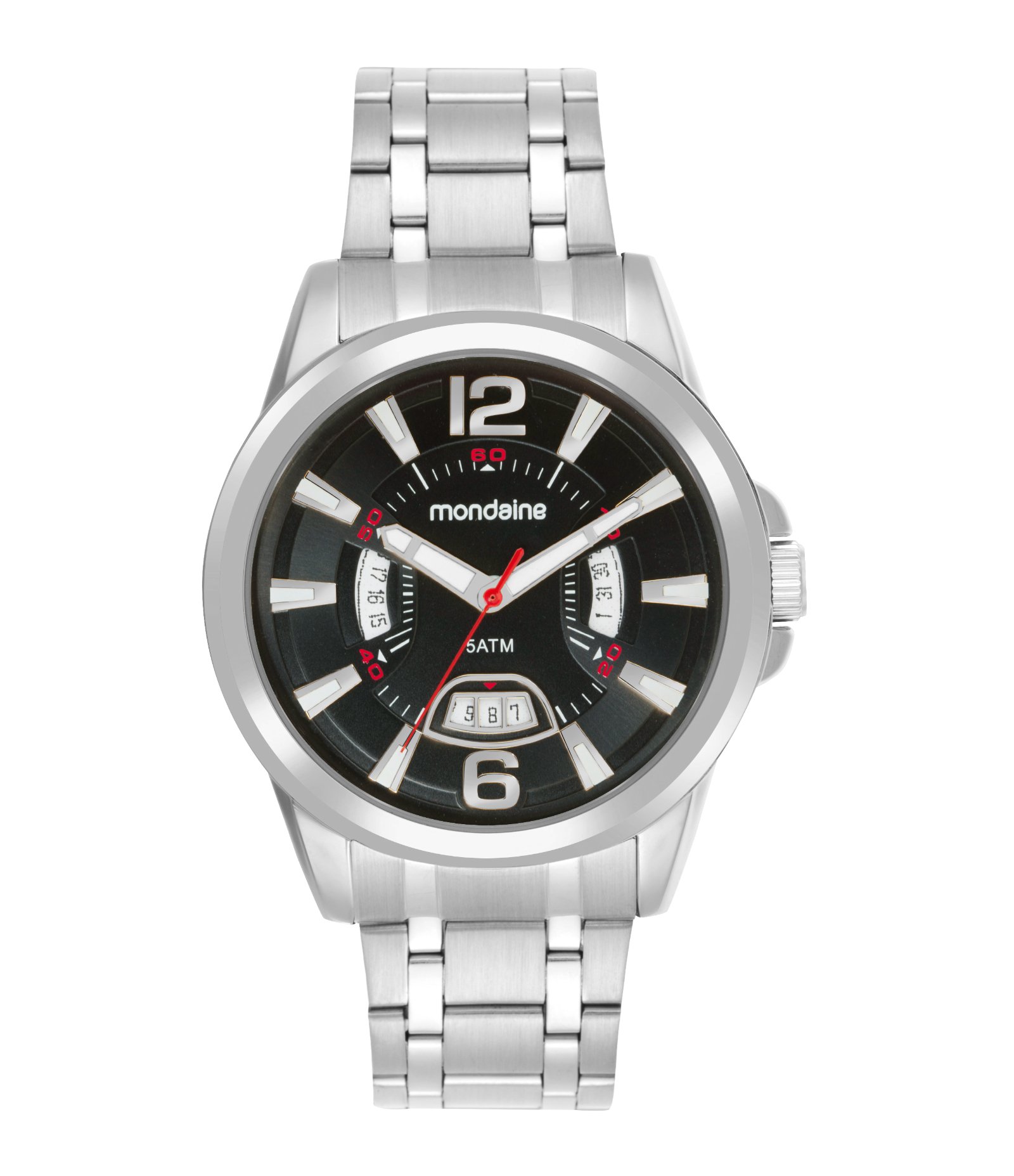 Relógio Aço Masculino Analógico Com Calendário Com Caixa Em Metal Cromado E Pulseira Em Aço Mondaine Prata 1