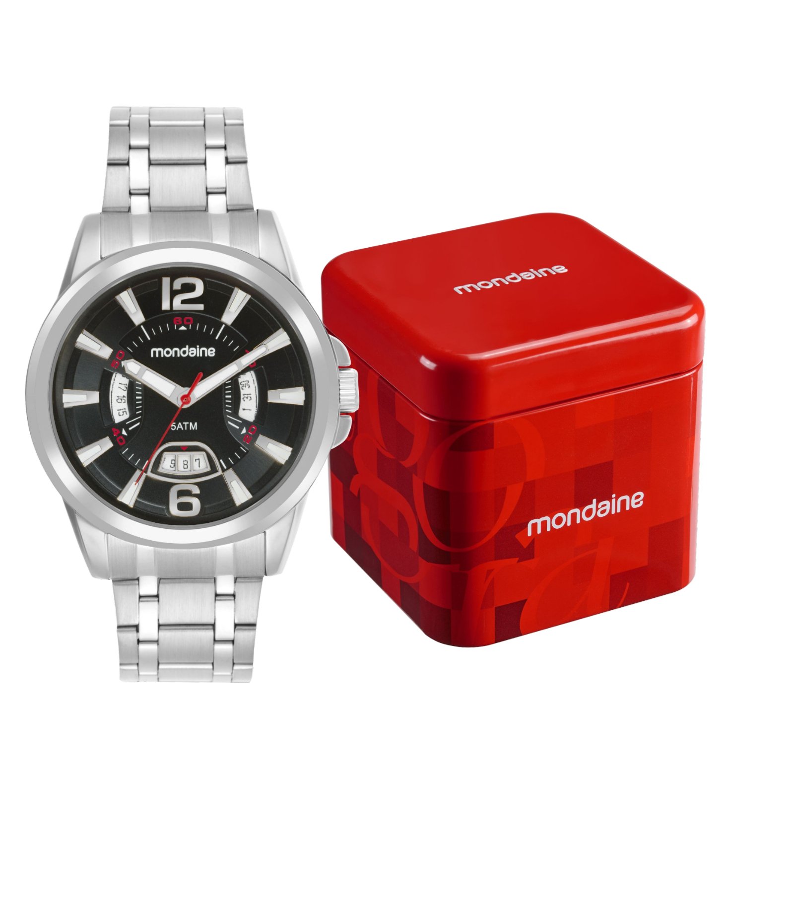 Relógio Aço Masculino Analógico Com Calendário Com Caixa Em Metal Cromado E Pulseira Em Aço Mondaine Prata 2