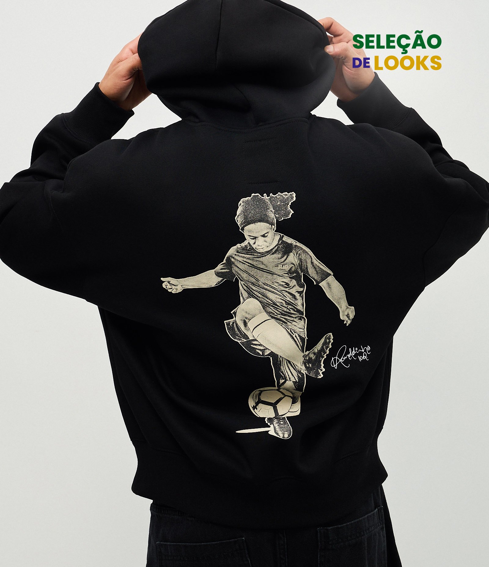 Blusão Masculino Moletom Assinatura Ronaldinho com Capuz Preto 1
