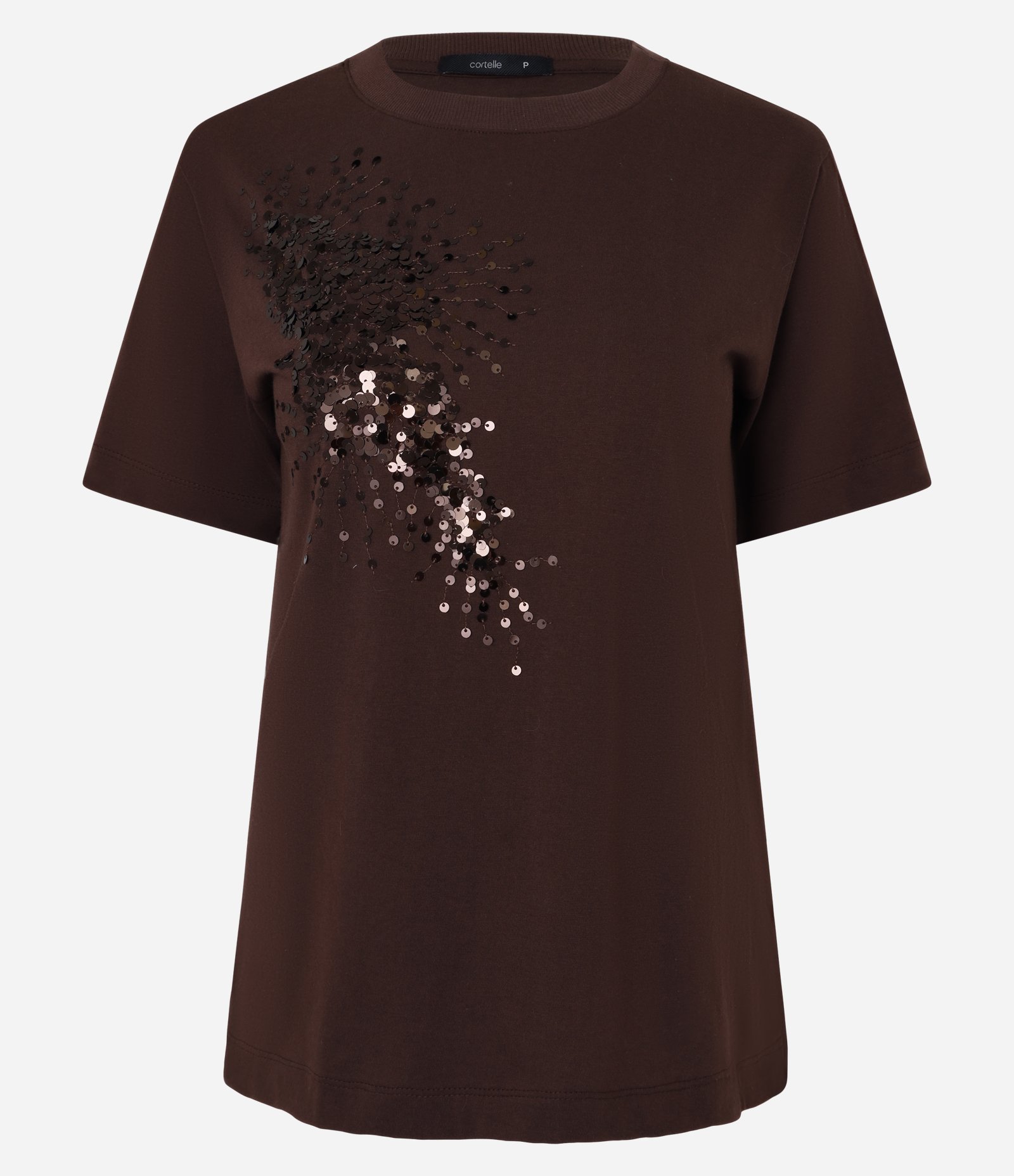 Camiseta Manga Curta em Algodão com Paetê Bordado Marrom 4
