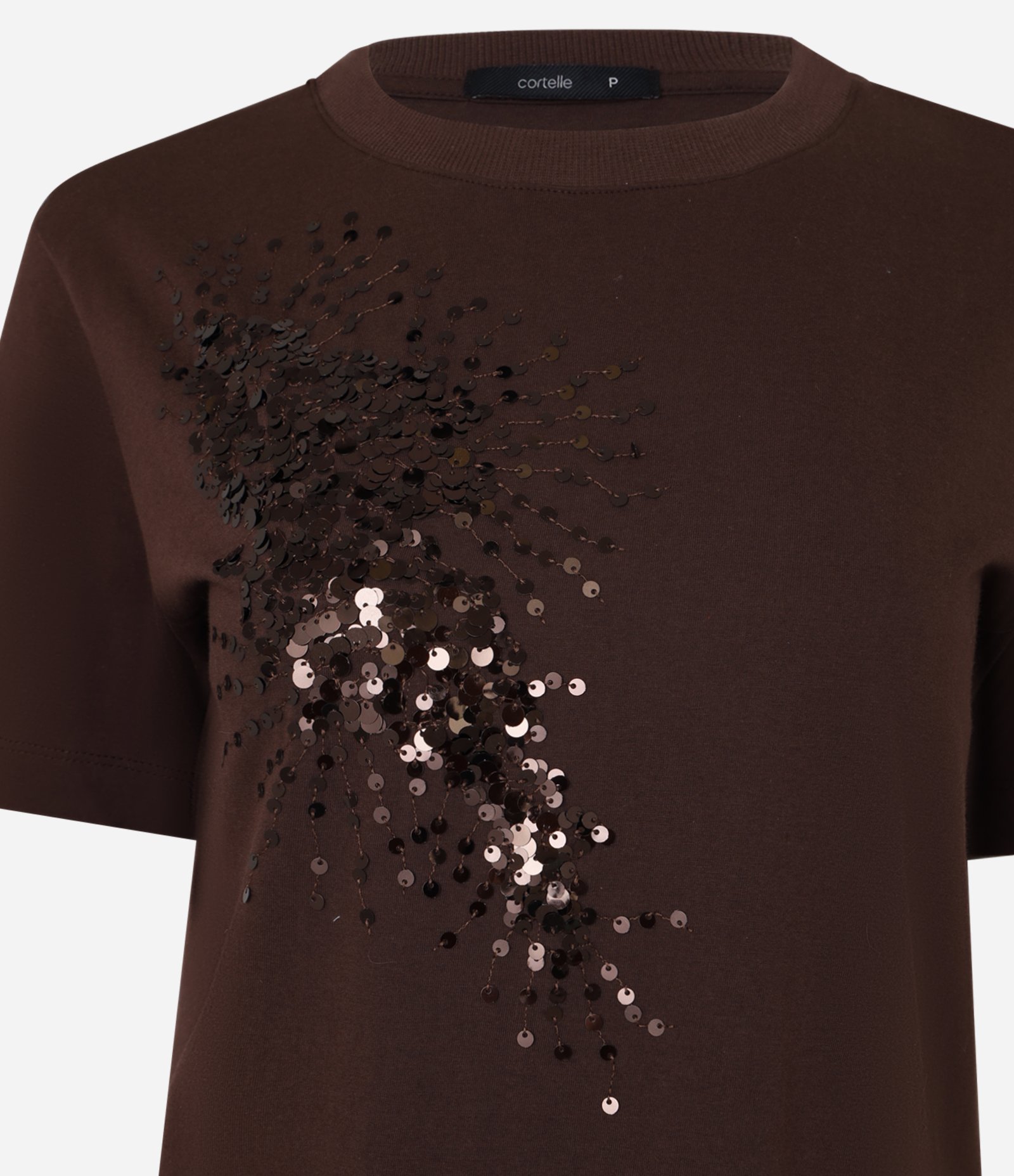 Camiseta Manga Curta em Algodão com Paetê Bordado Marrom 5