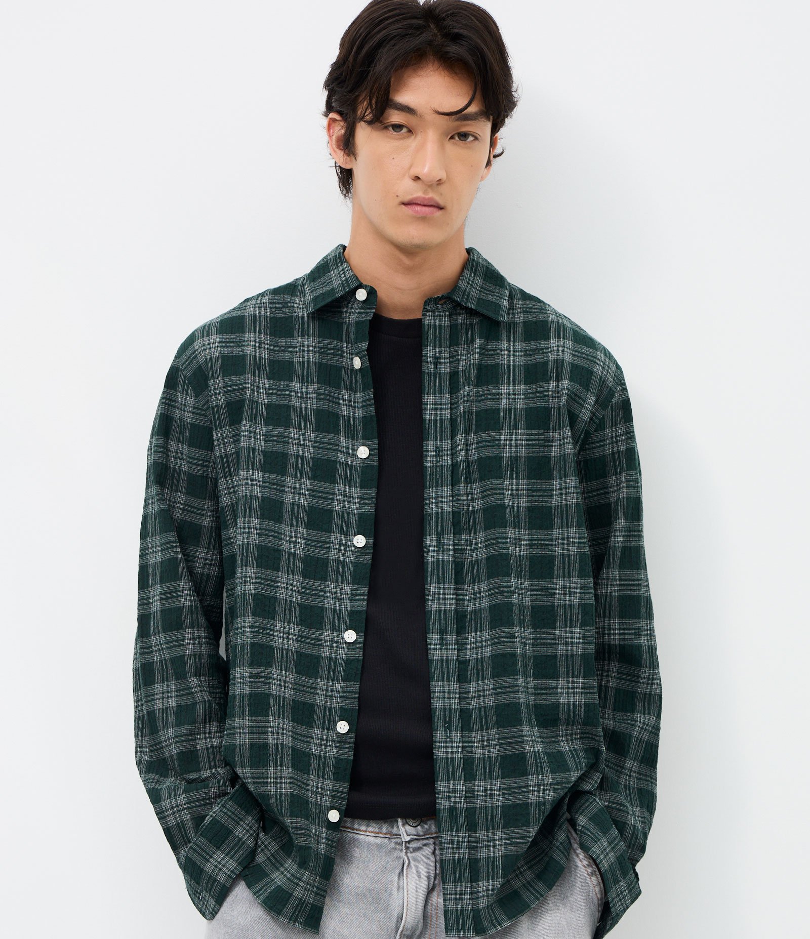 Camisa Manga Longa em Tricoline Xadrez Verde 1