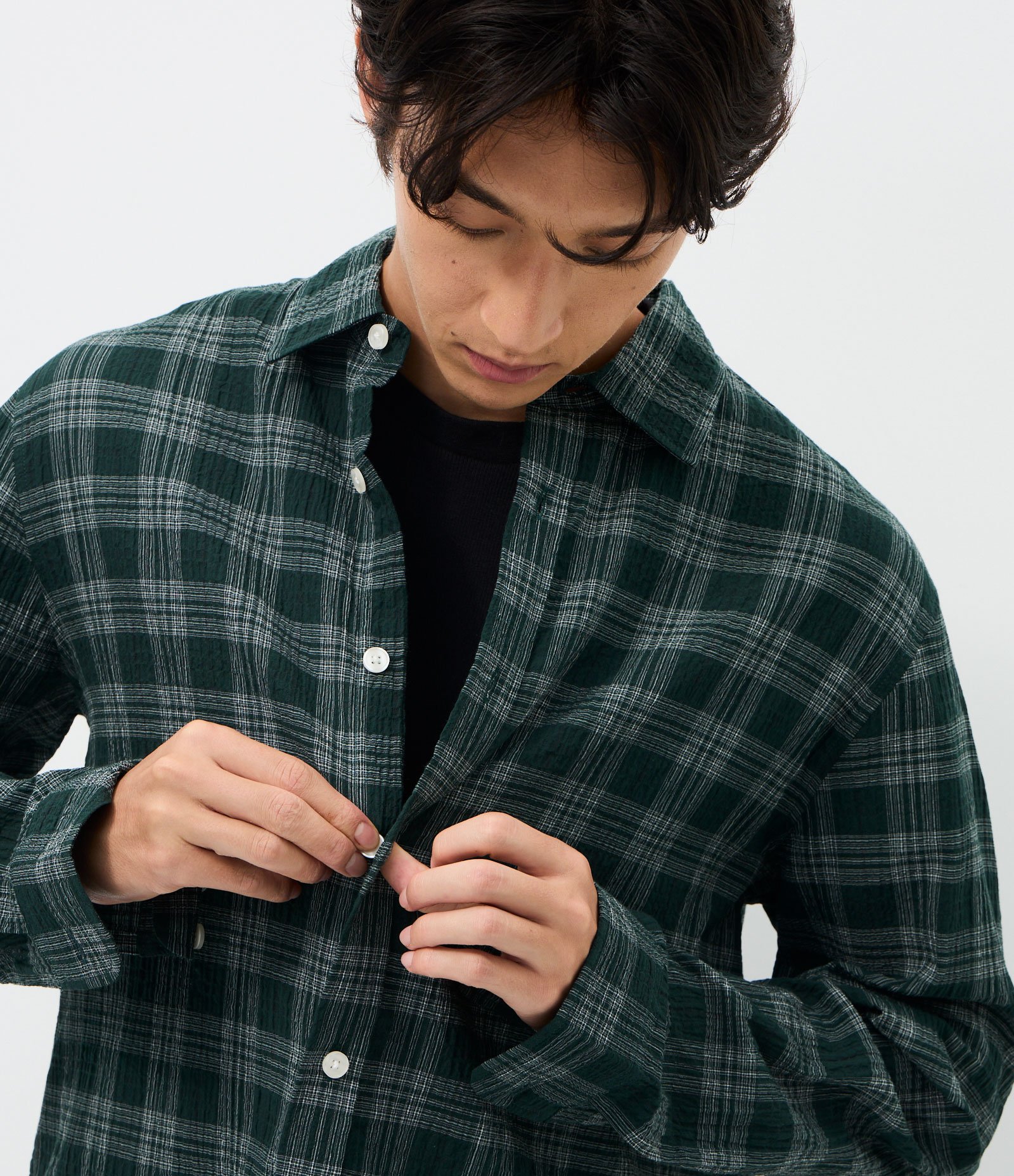Camisa Manga Longa em Tricoline Xadrez Verde 2