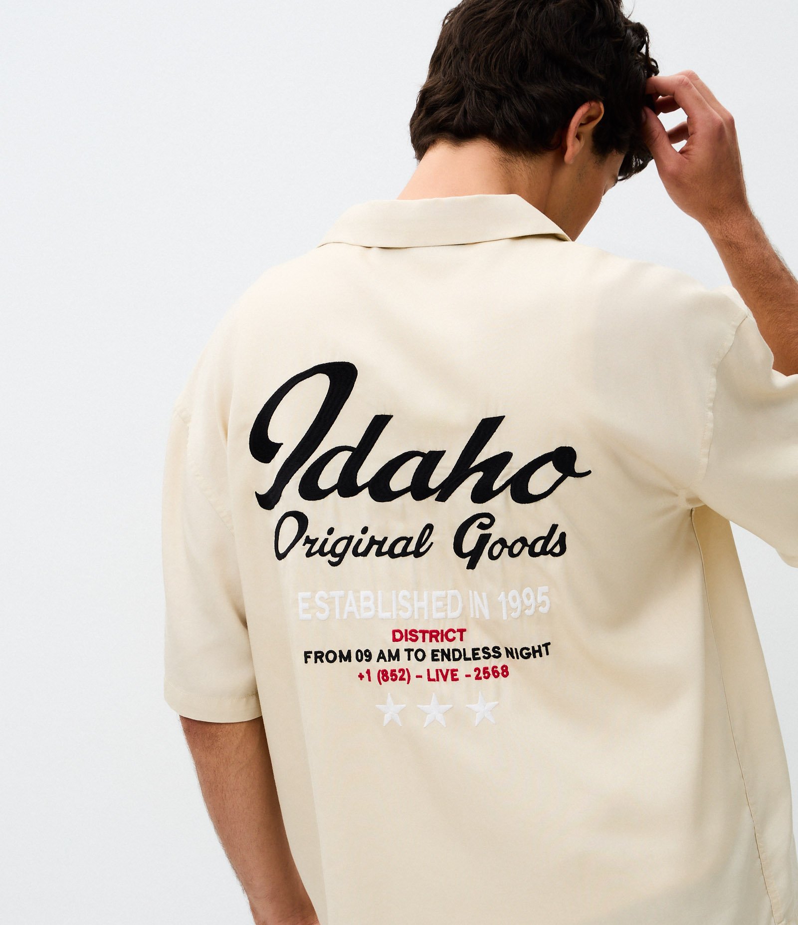 Camisa Manga Curta Boxy com Bordado Idaho Bege 3